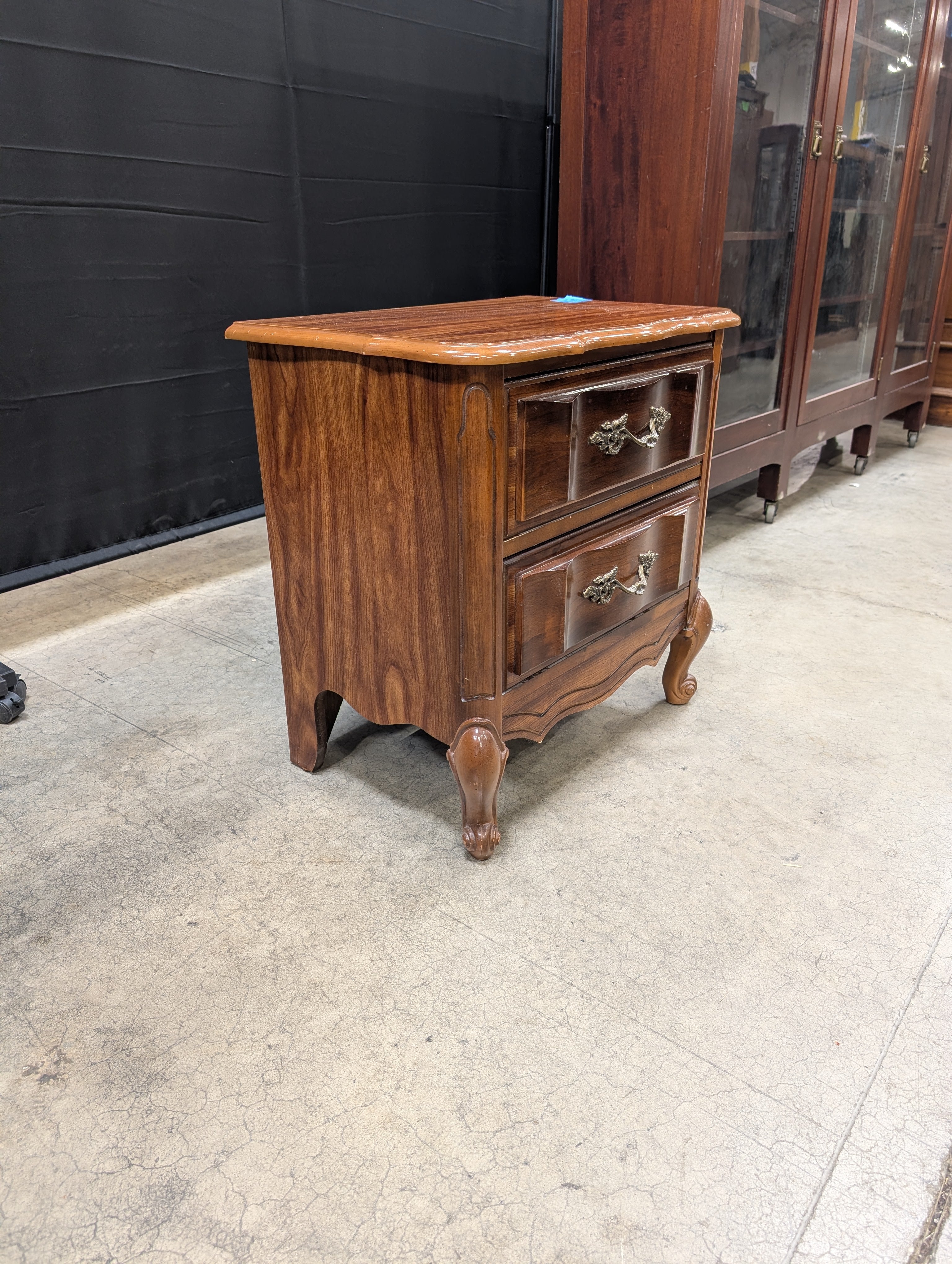 French Provincial Style Wood Bedside Table with Ornate Hardware