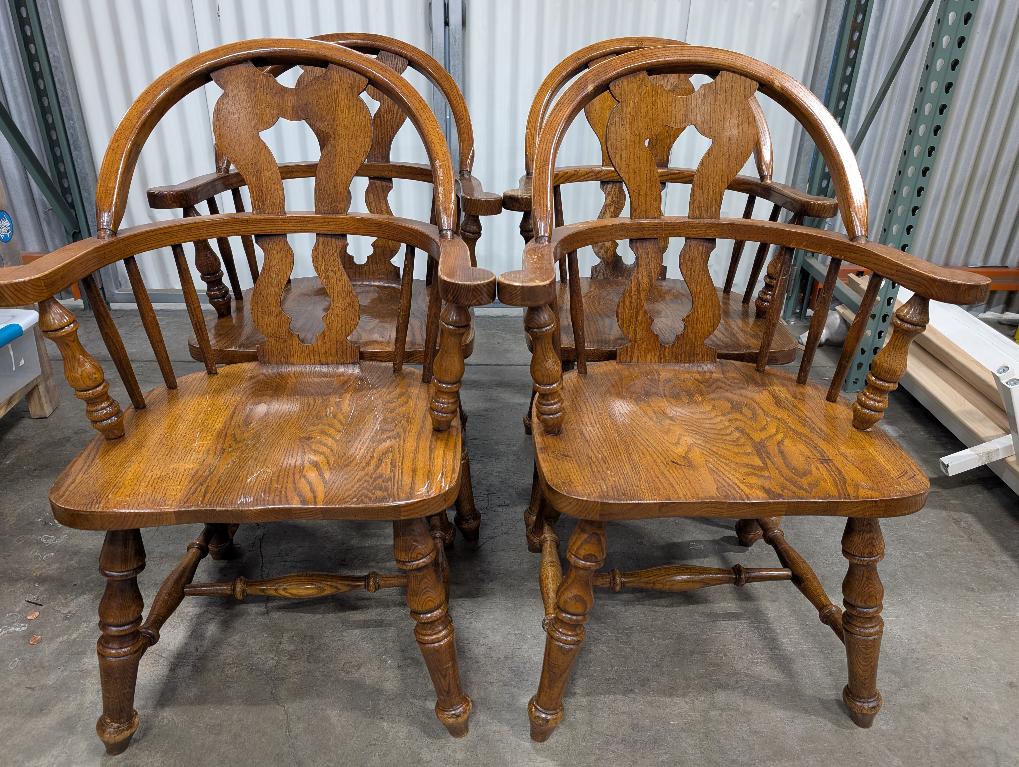 Set of Four- Classic Oak Finish Spindle Back Captain's Chair
