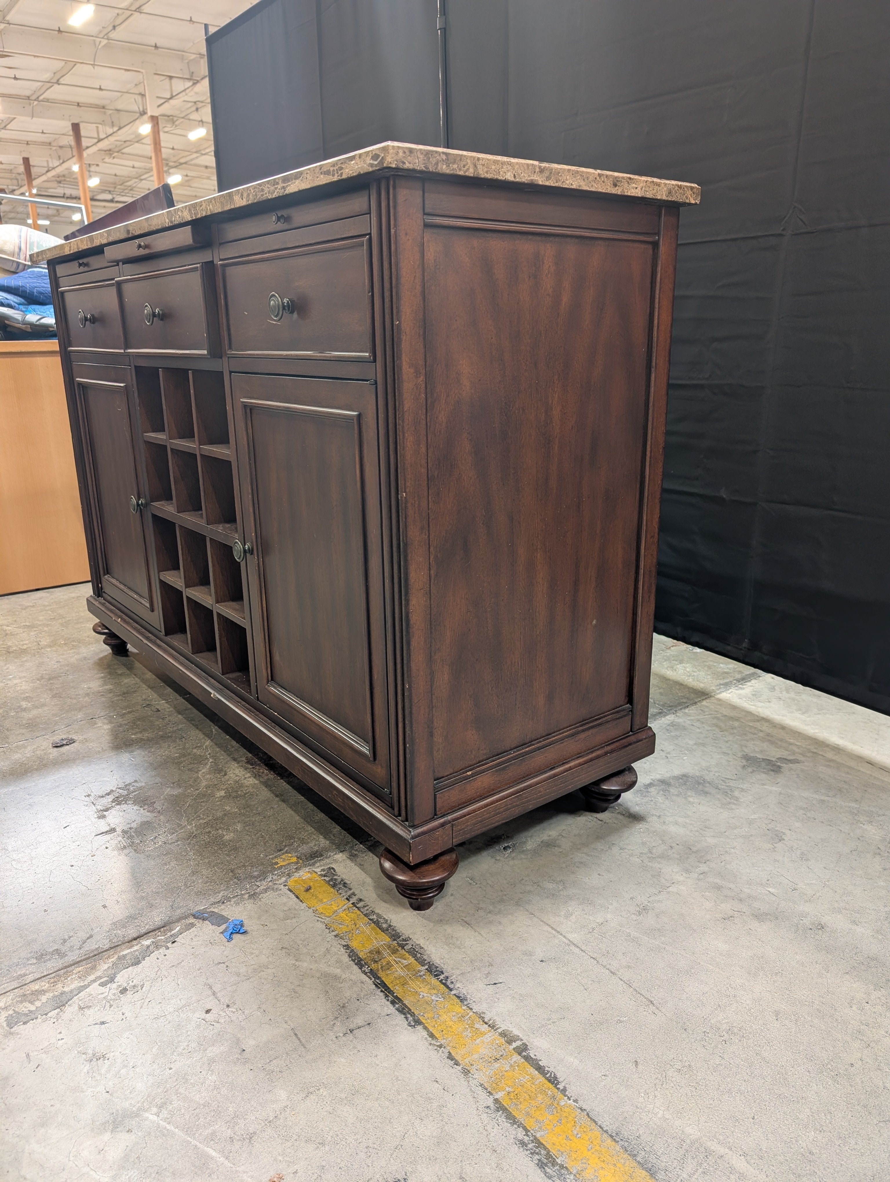 Dark Wood FLEXSTEEL Buffet Cabinet with Stone Top and Wine Storage