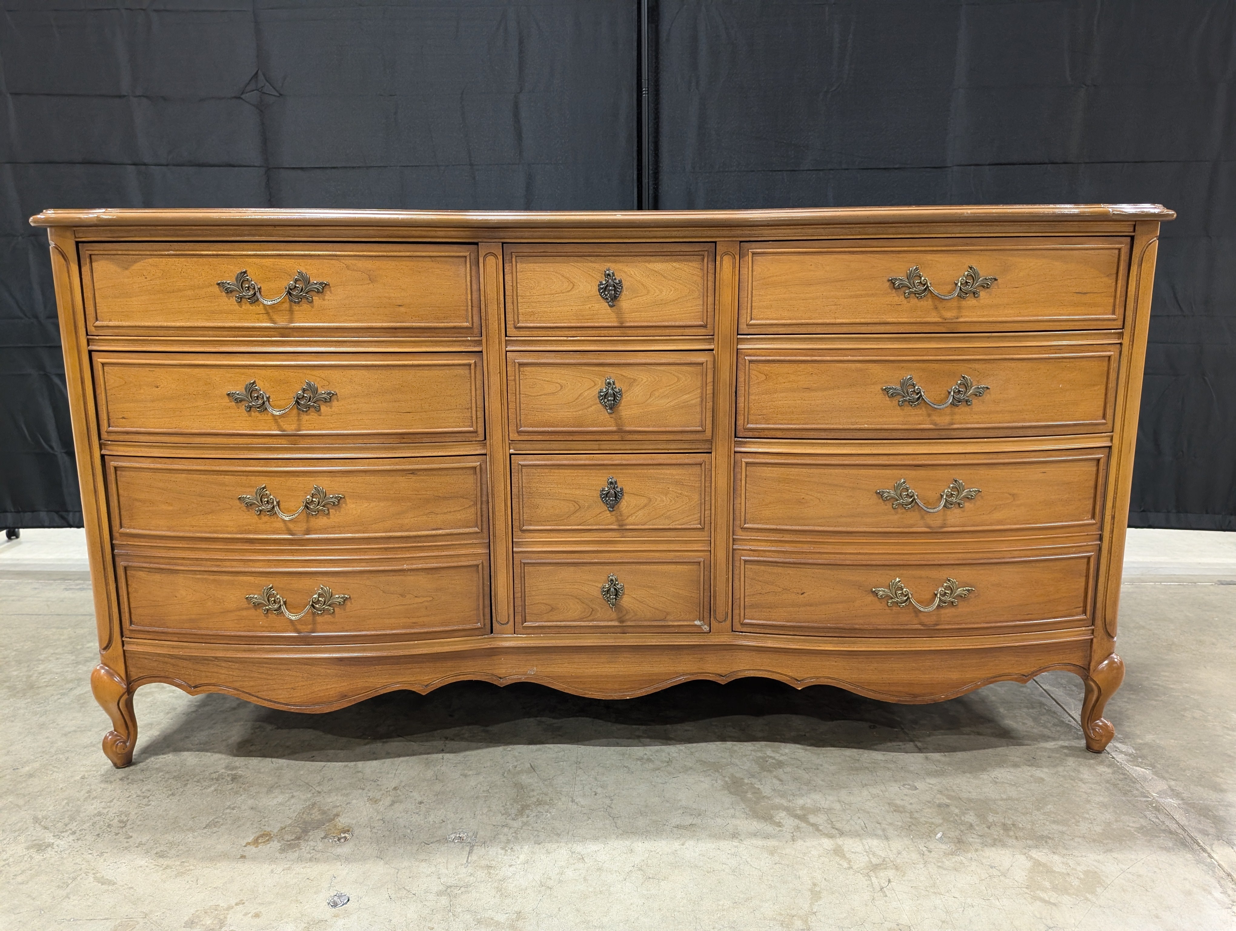 Vintage French Provincial Nine-Drawer Wood Dresser