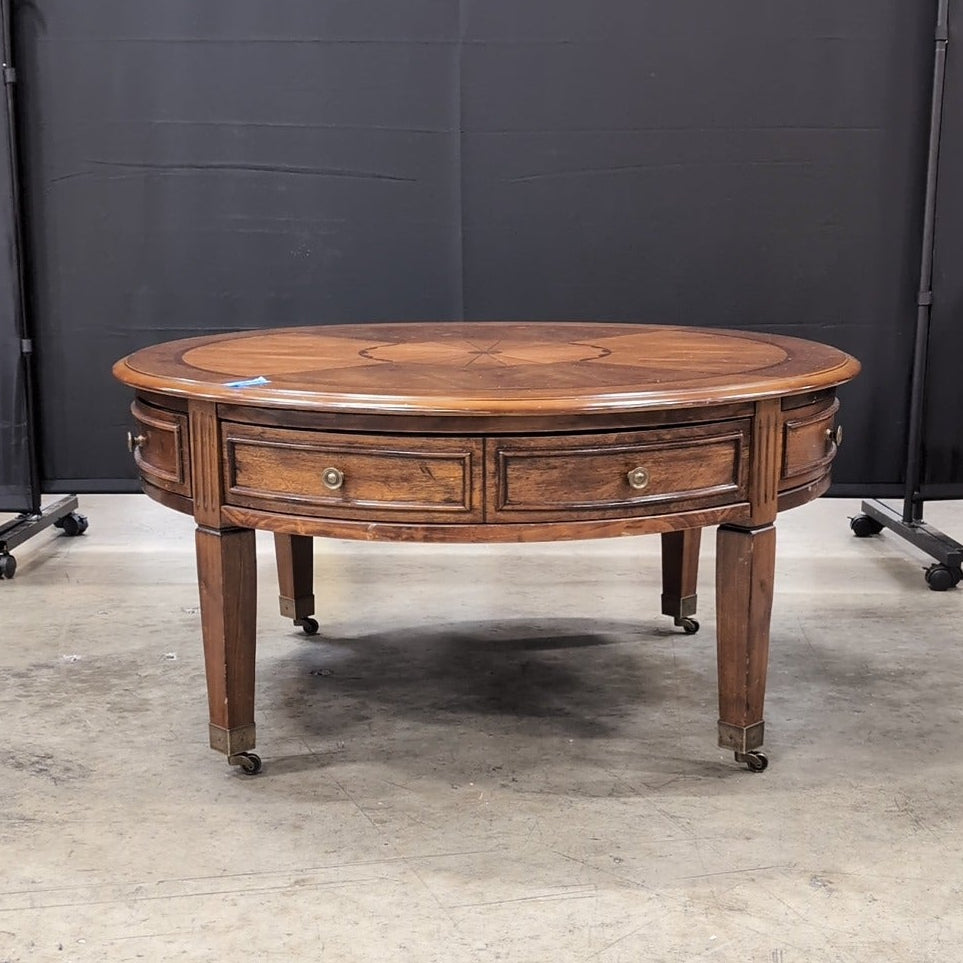 Classic Round Wood Coffee Table with Inlay Design