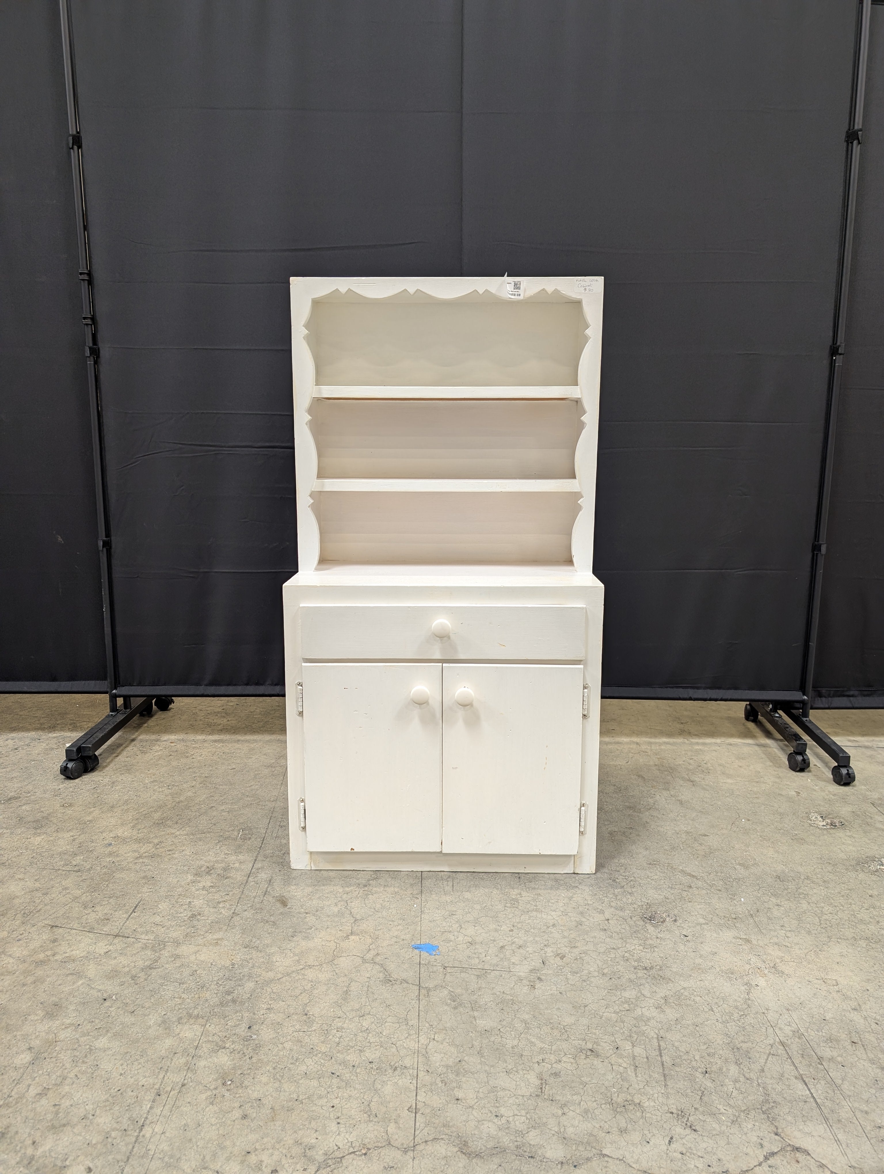 Charming Child Size White Wooden Display Shelf and Storage Cabinet