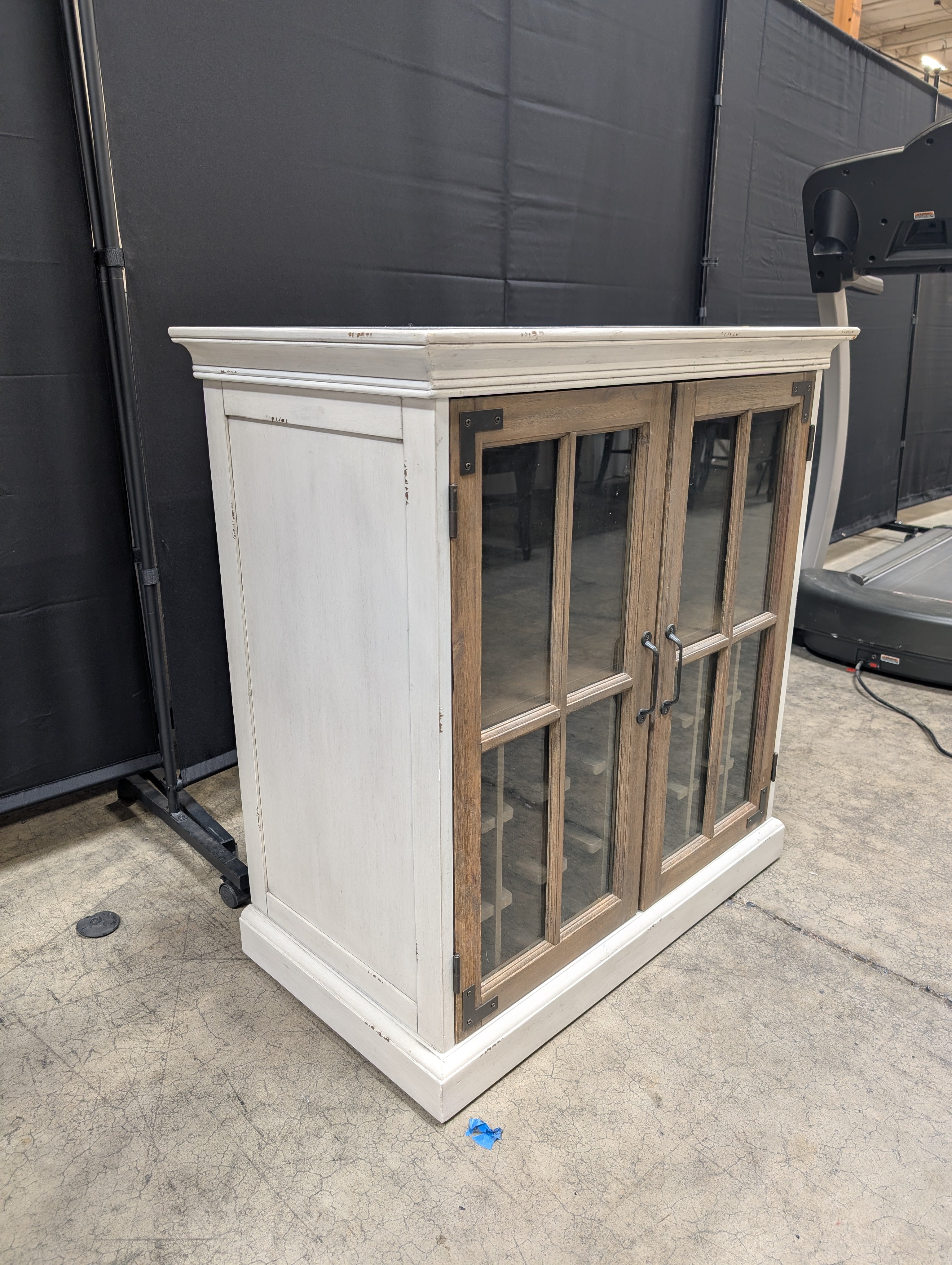 Two-Tone Distressed White Wine Cabinet with Glass Doors