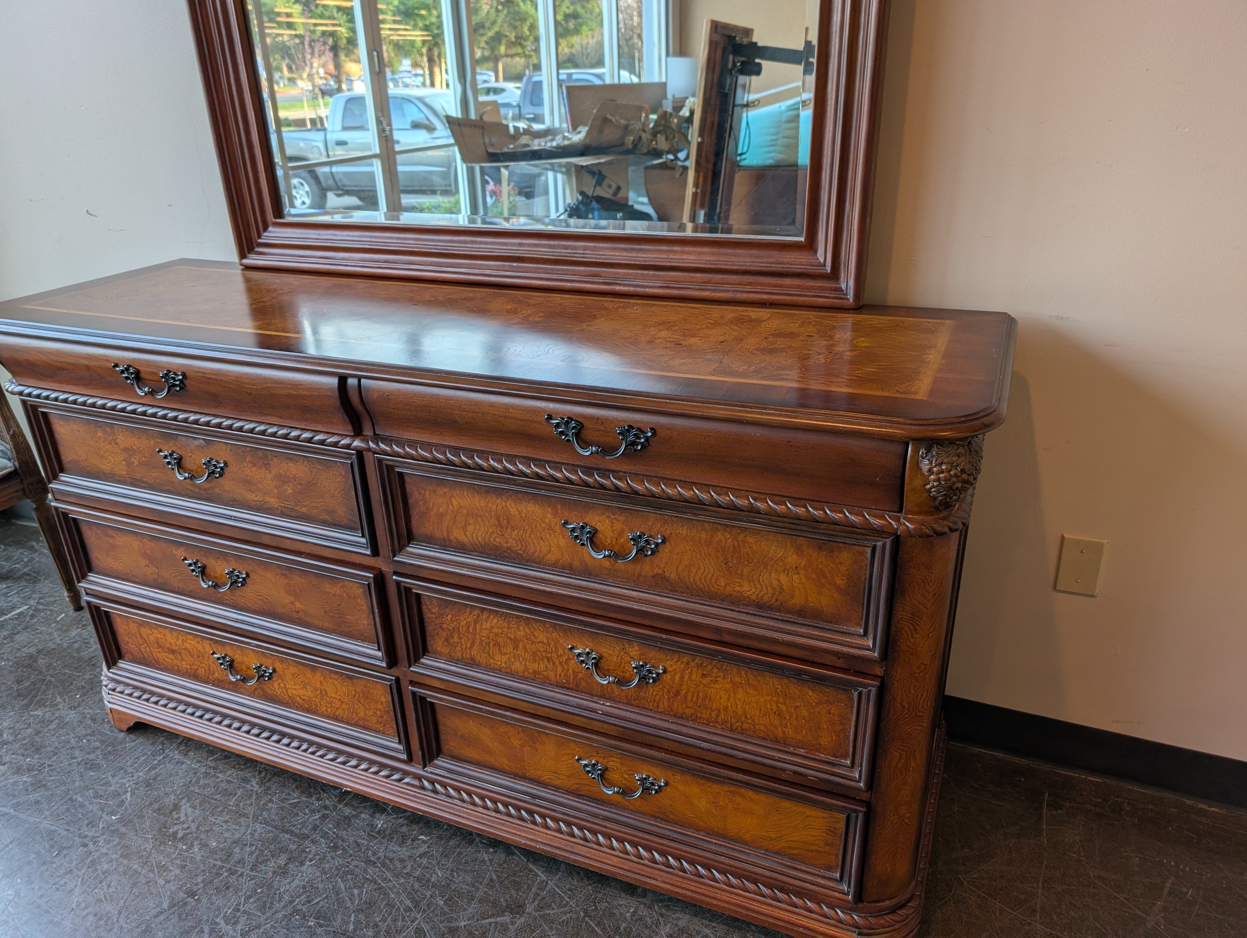 Ornate Dark Wood Dresser with Arched Mirror