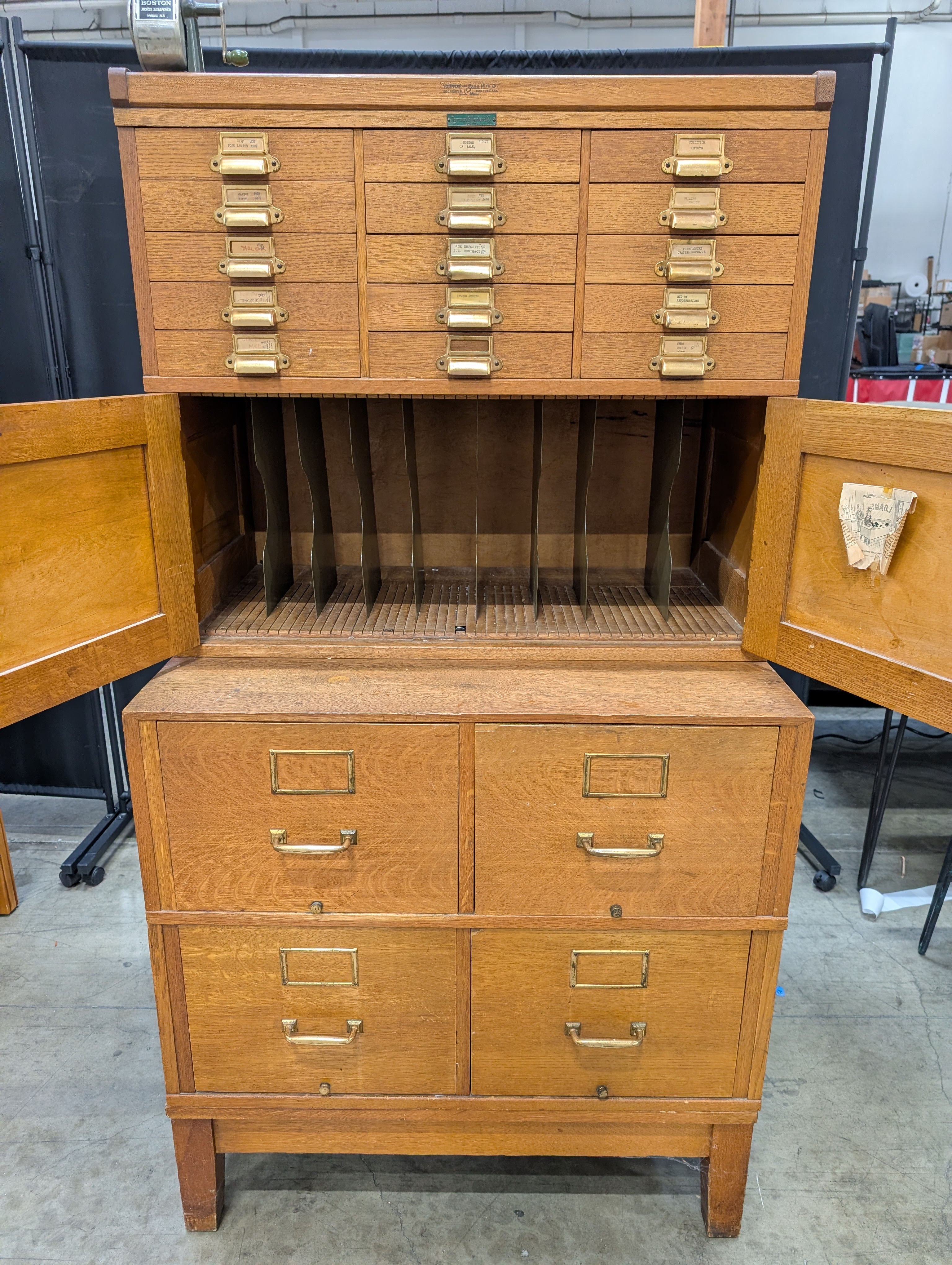 Vintage Yawman & Erbe Manufacturing Co. Oak Multi-Drawer Filing Cabinet with Brass Hardware