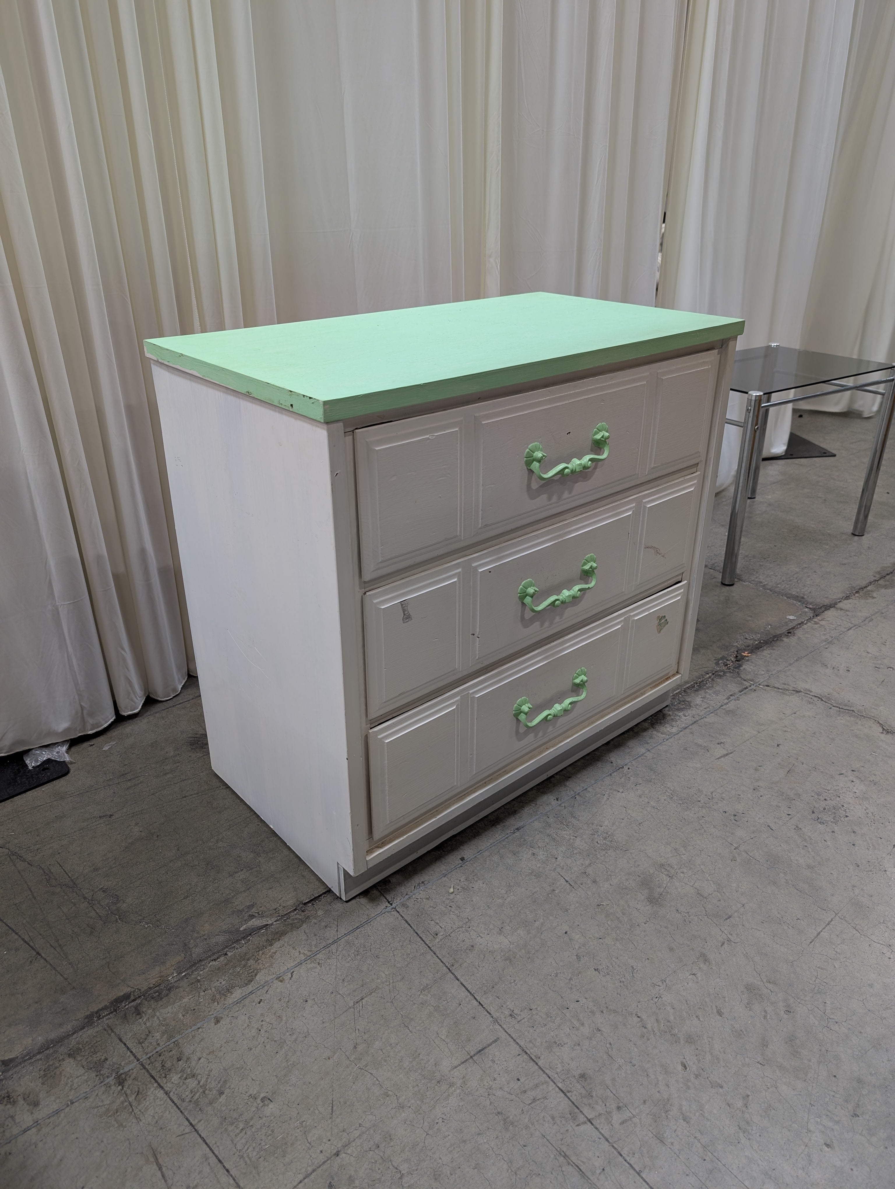 White Three-Drawer Dresser with Lime Green Top