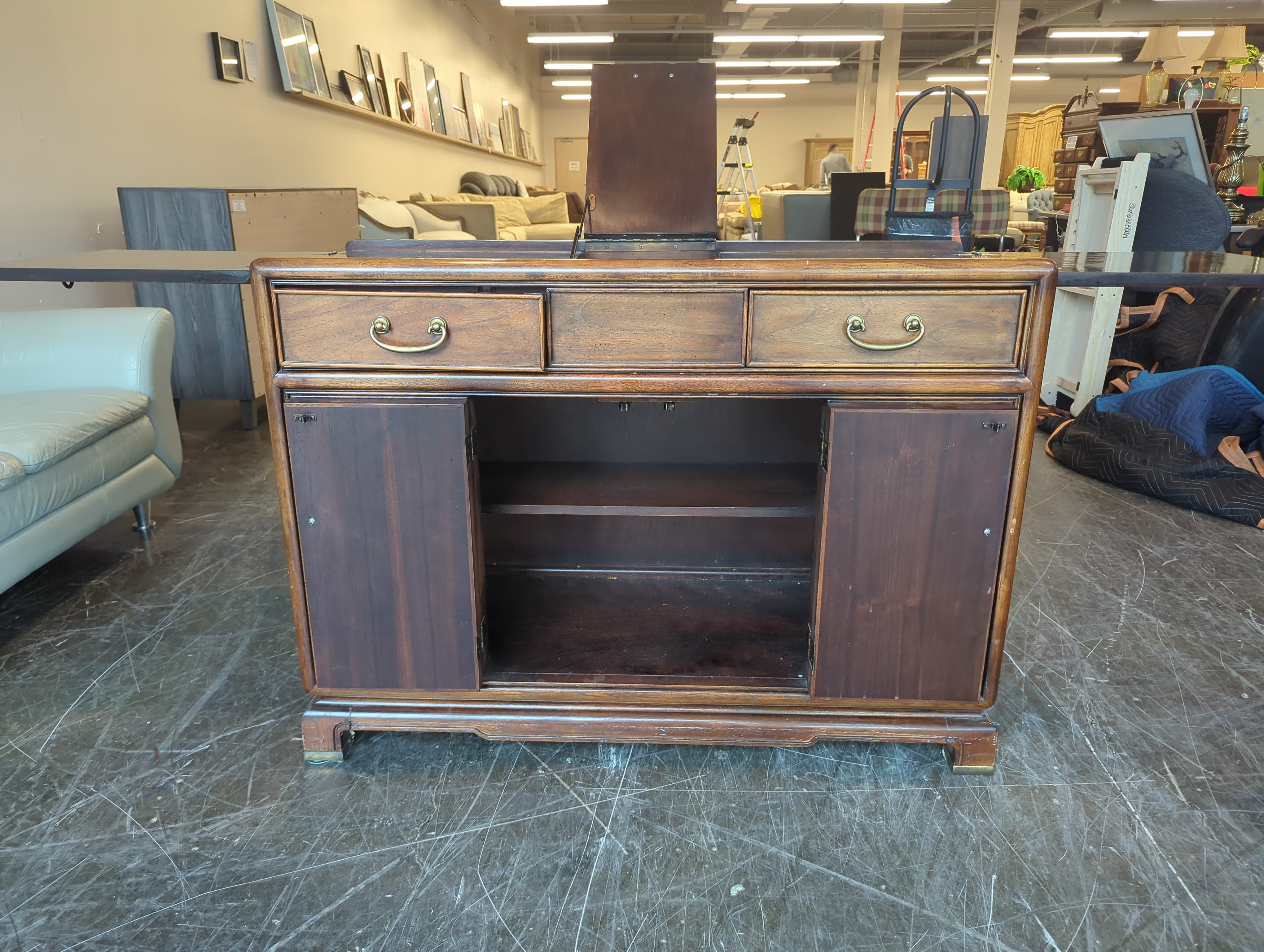 American of Martinsville Side Board Fold Down - Dark Wood Sideboard with Brass Hardware