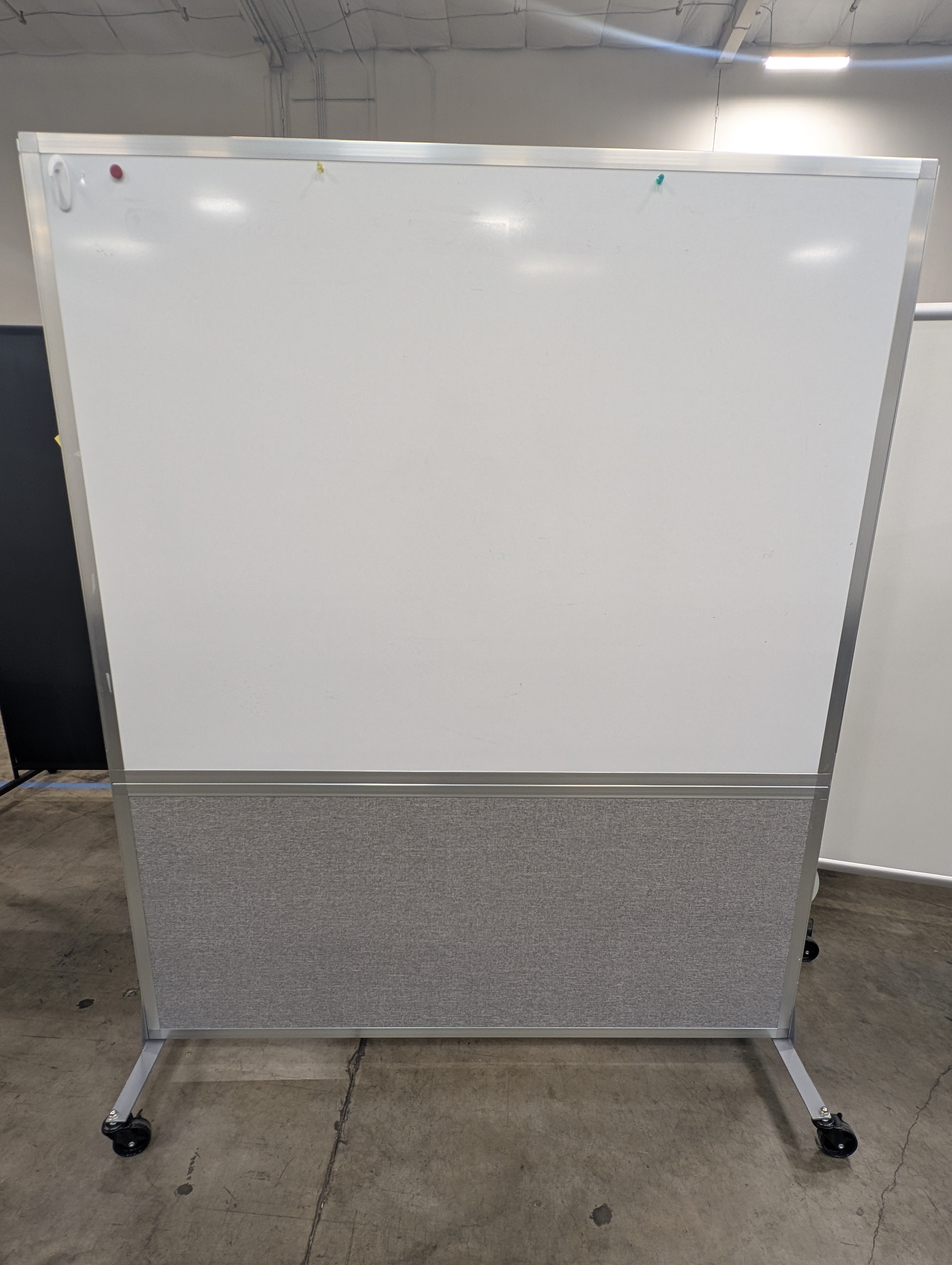 Rolling Office Partition with Whiteboard and Grey Fabric Panel