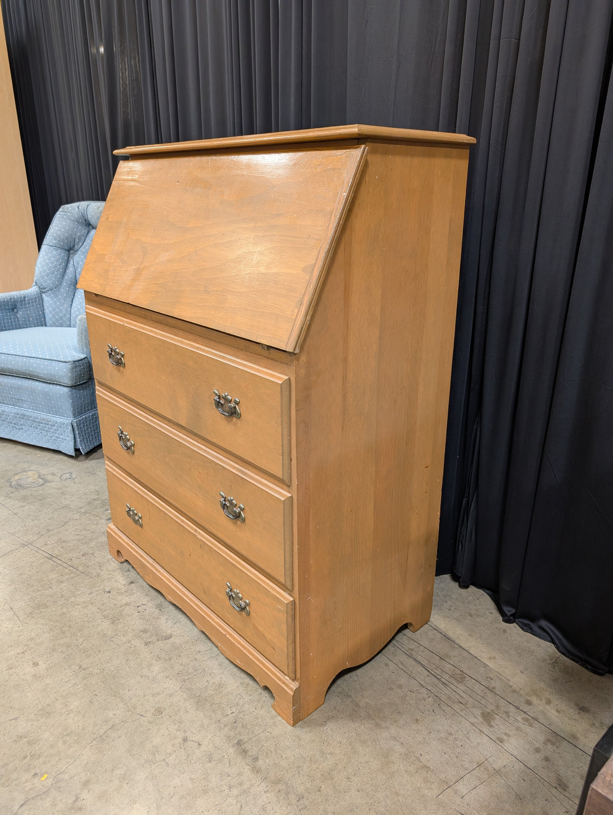 Natural Tone Wood Drop-Front Desk with Three Drawers