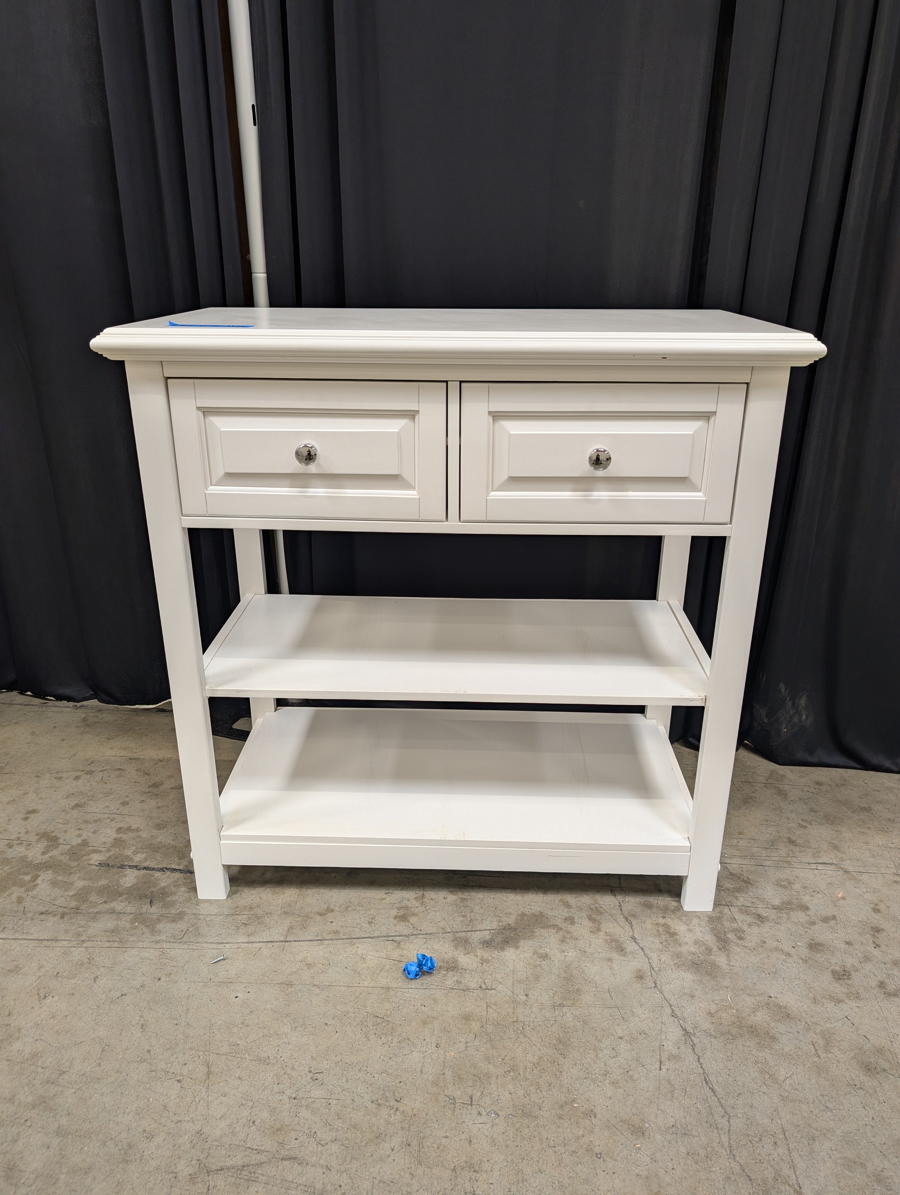 White Wooden Two-Drawer Console Table with Shelves