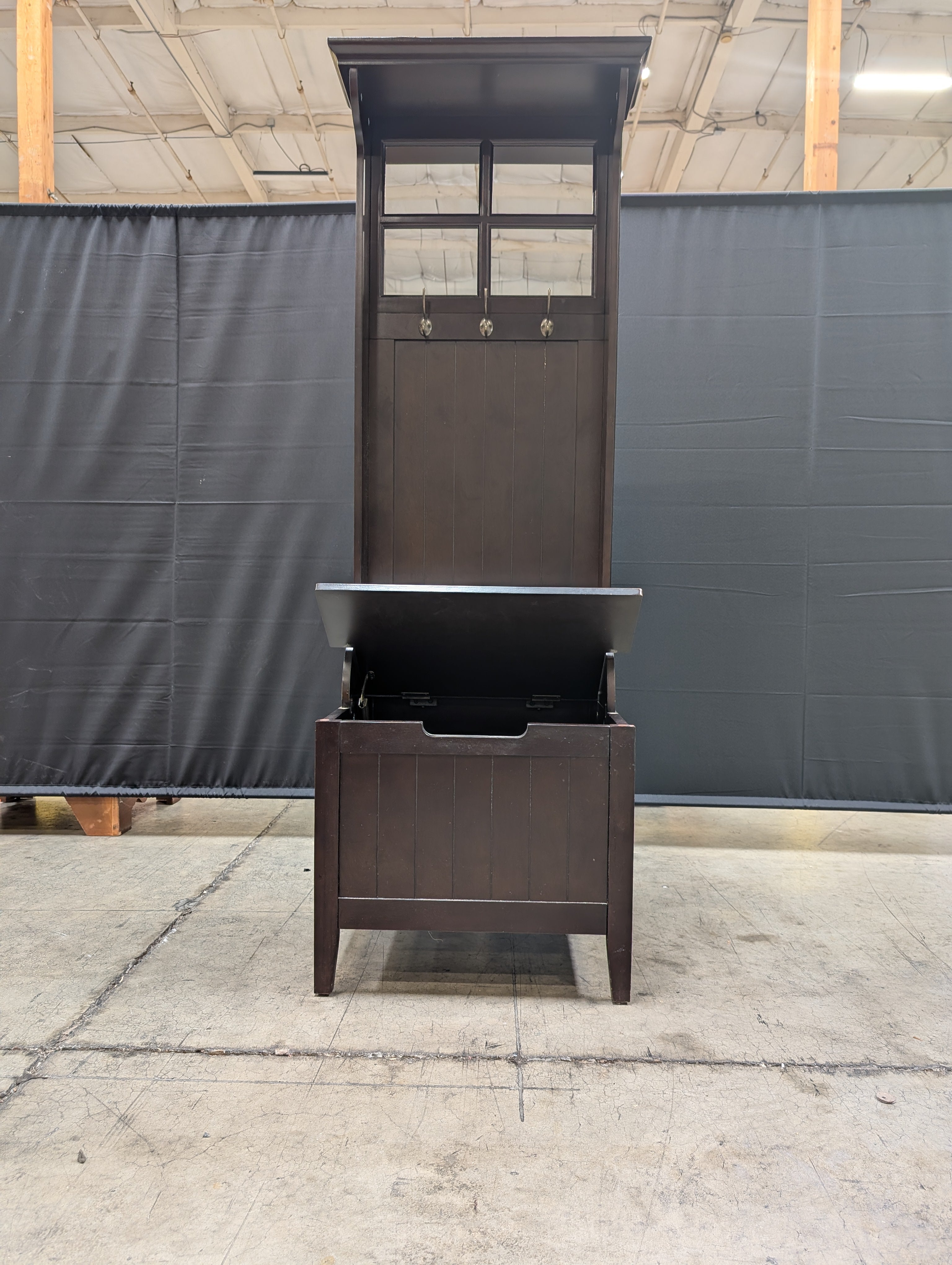 Dark Wood Hall Tree with Mirror and Storage Bench