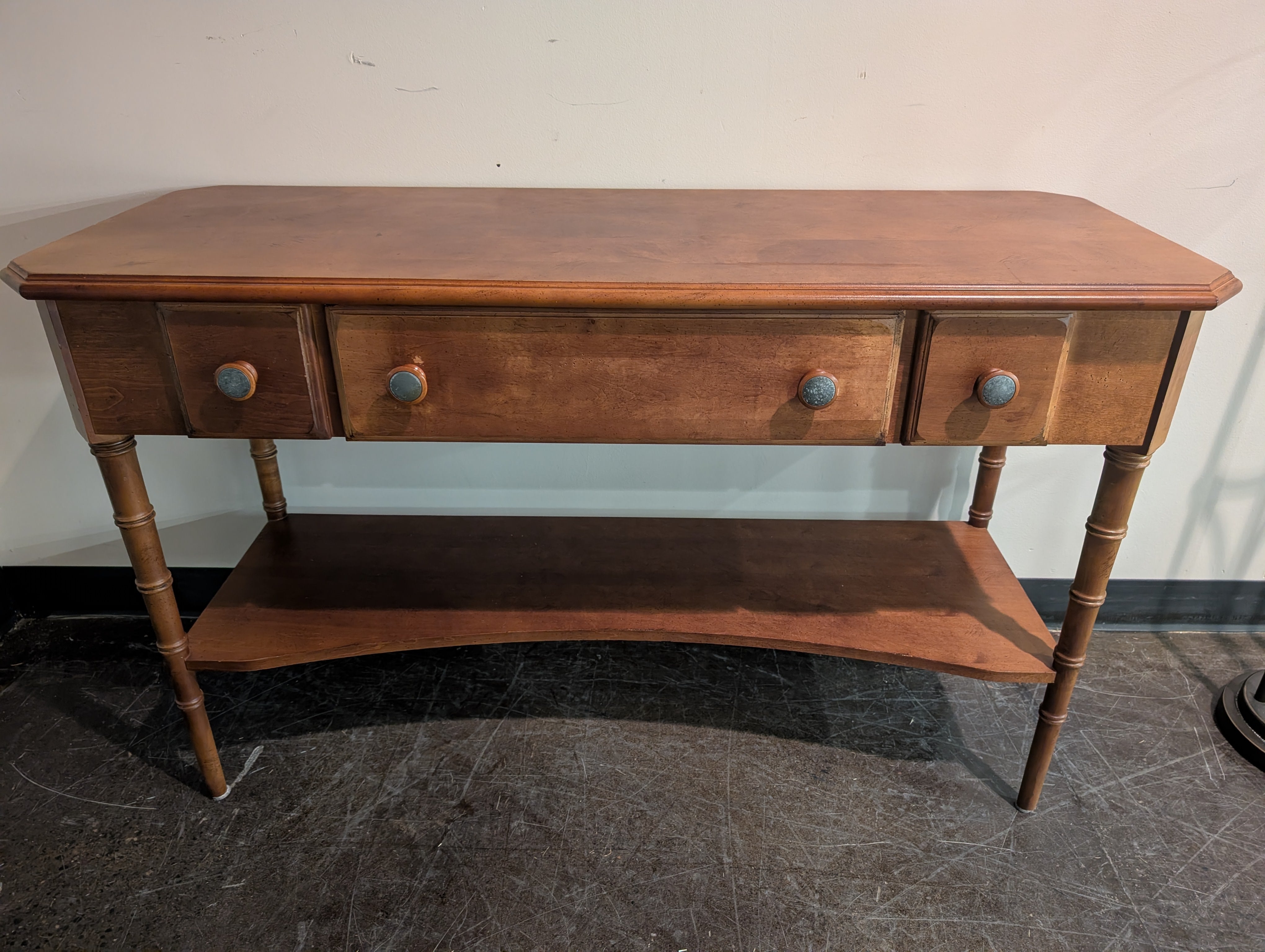 Warm Wood Console Table with Two Drawers and Lower Shelf