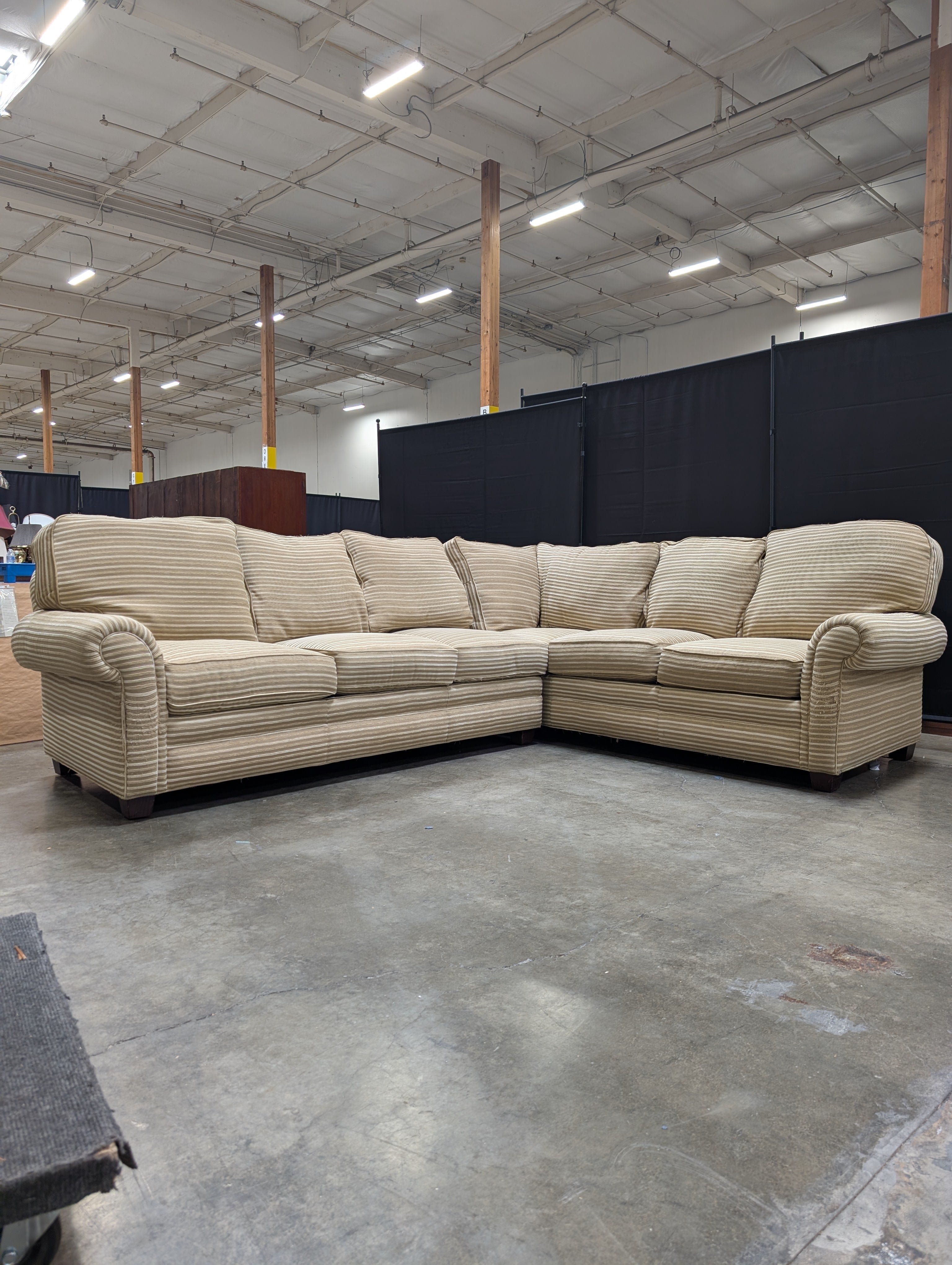 Neutral Tone Hancock & Moore Striped Fabric Sectional Sofa