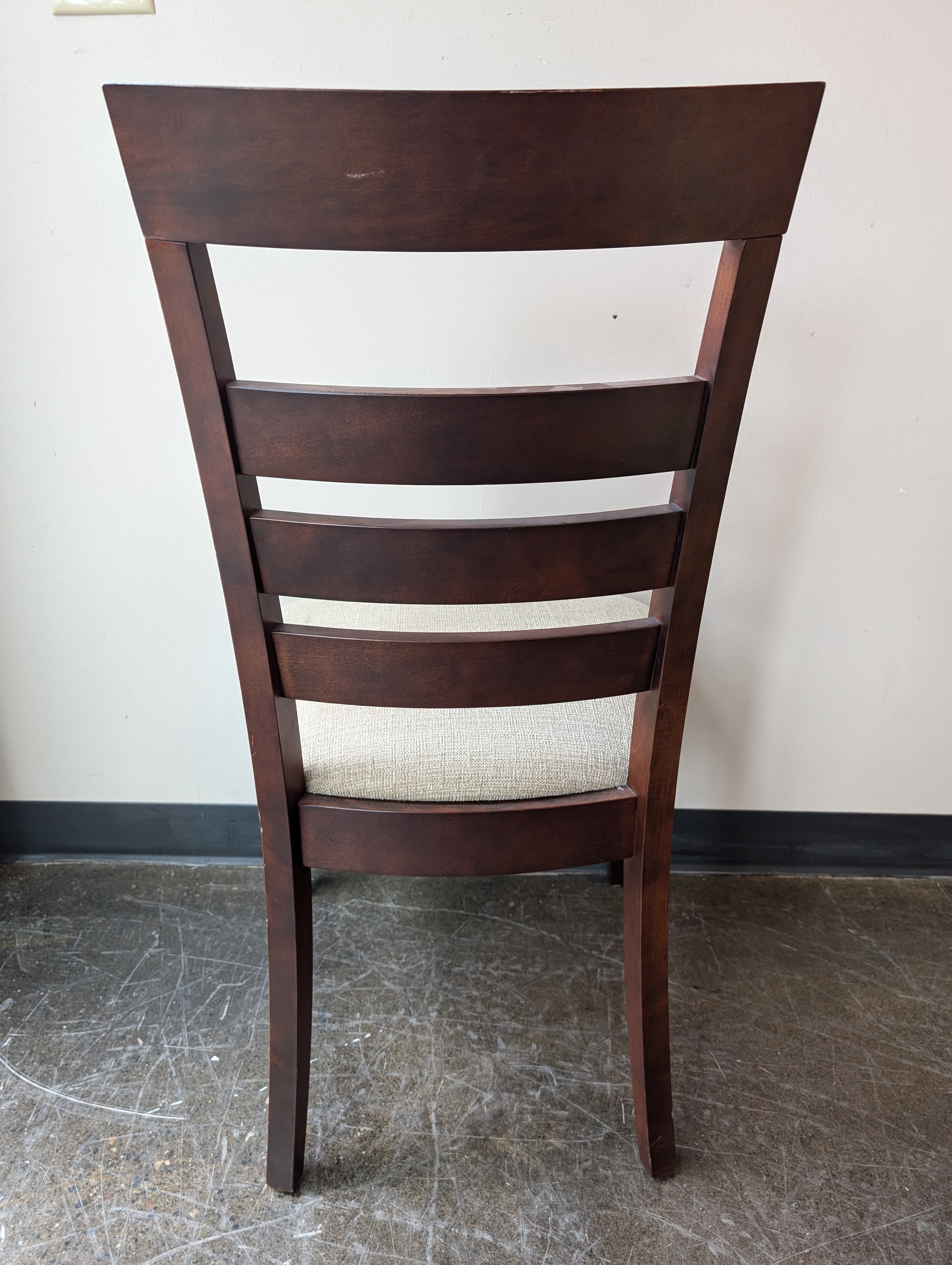Set of Six Contemporary Dark Wood Slatted Back Dining Chair with Beige Upholstery