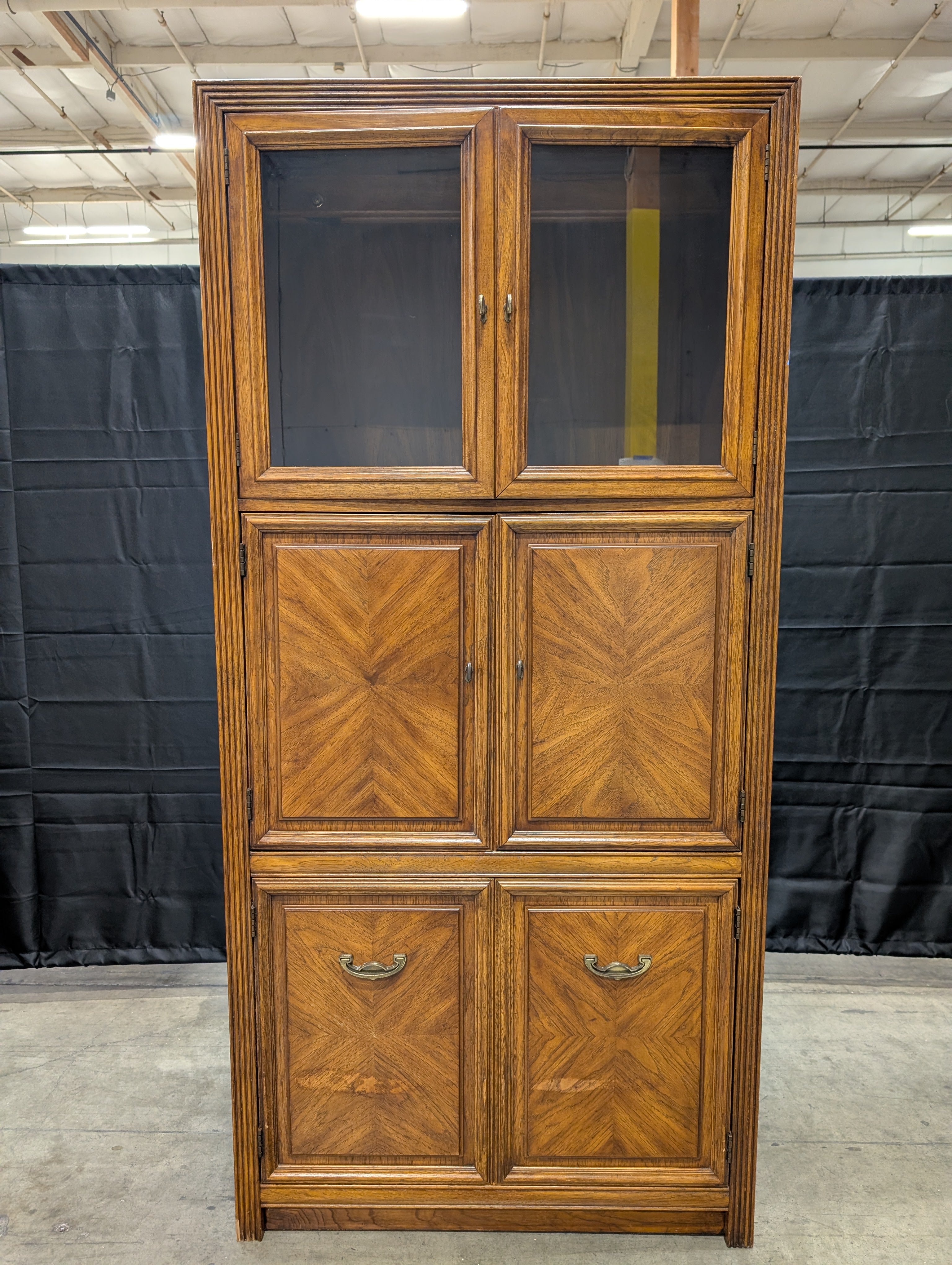 Traditional Wood Display Cabinet with Glass Doors and Starburst Panels