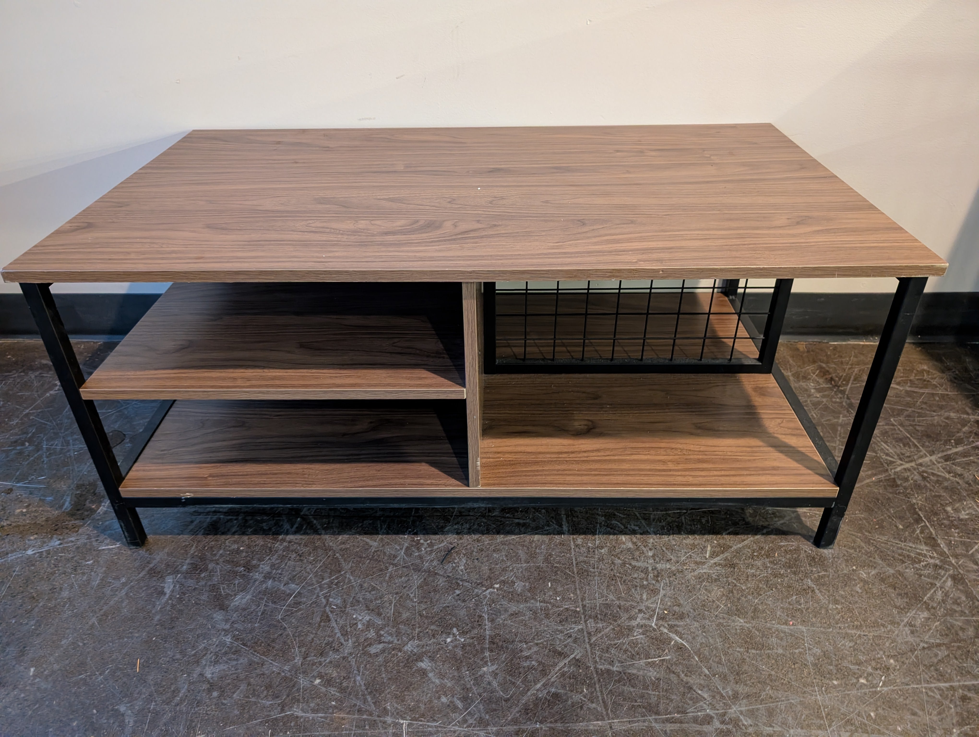Modern Industrial Wood Grain Coffee Table with Storage Shelves