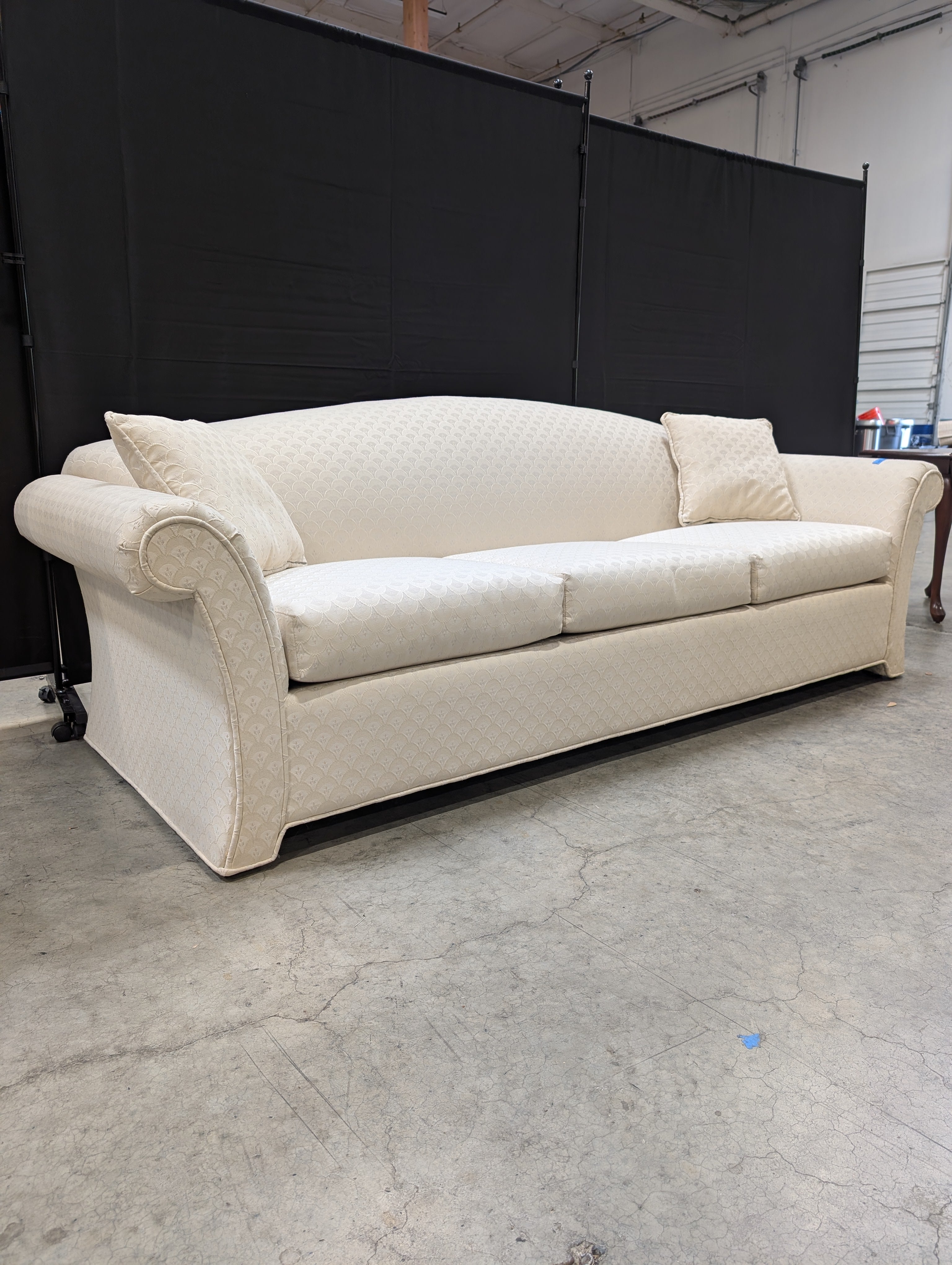 Cream Patterned Upholstered Sofa with Rolled Arms