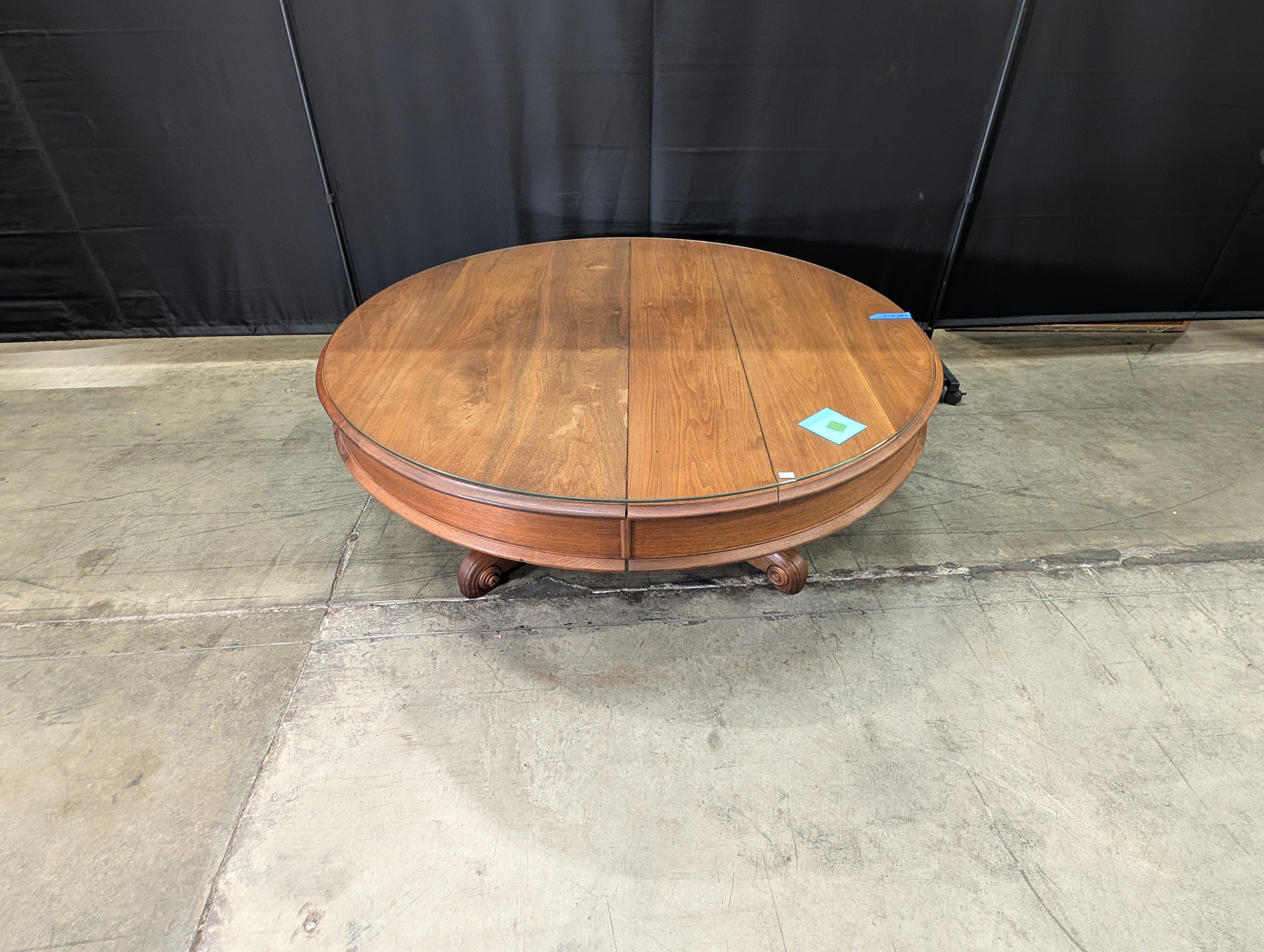Modern Circular Wood Coffee Table with Protective Glass Surface