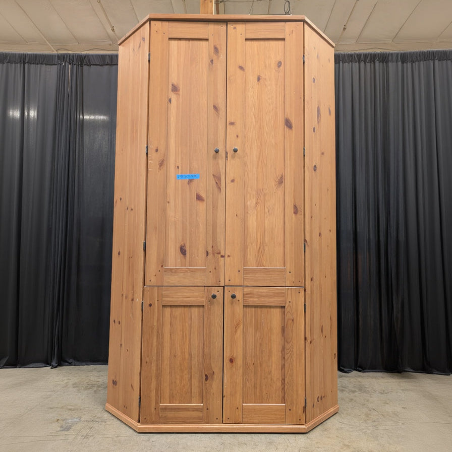 Rustic Pine Corner Armoire with Paneled Doors