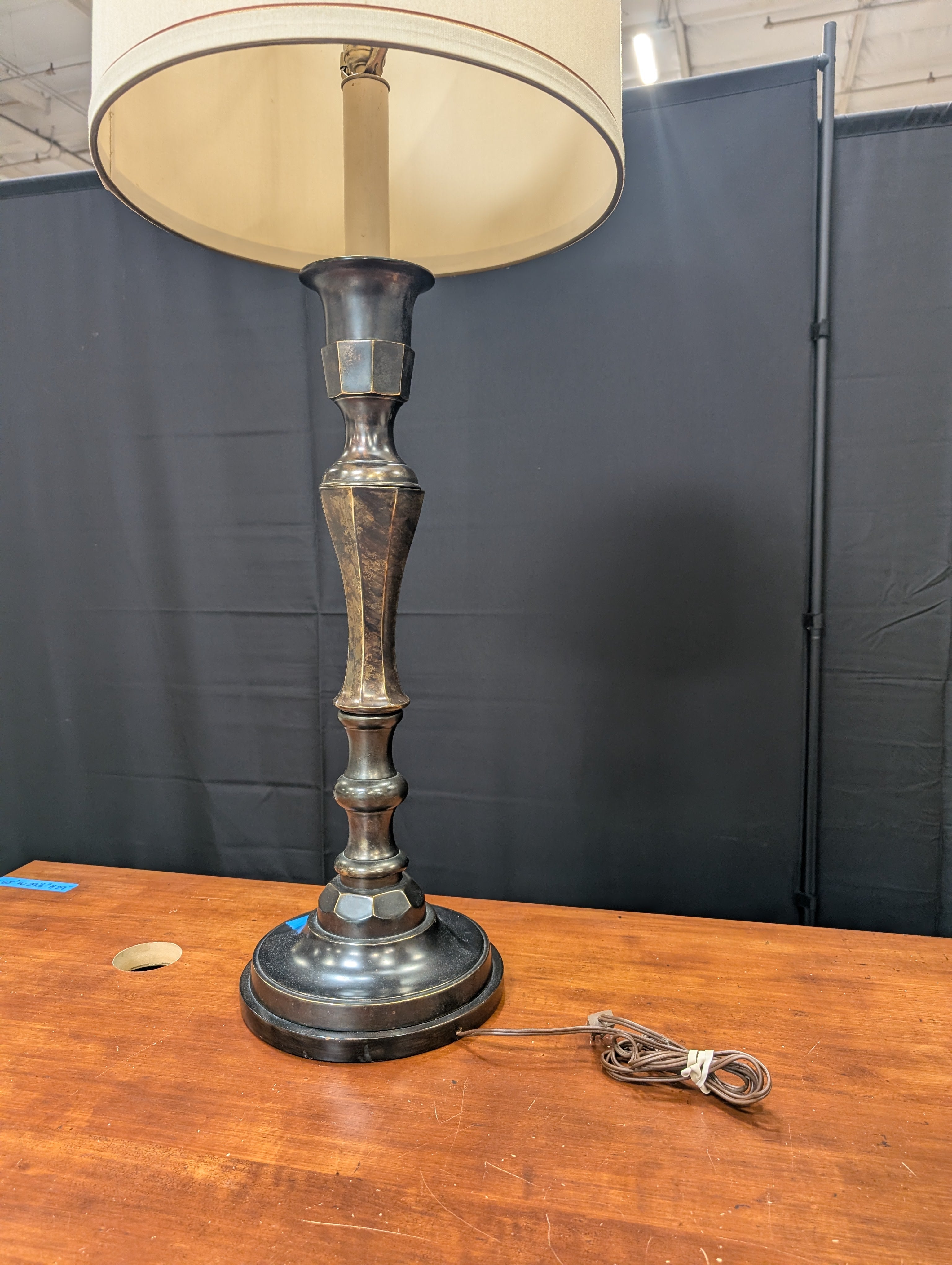 Traditional Dark Tone Table Lamp with Cream Drum Shade