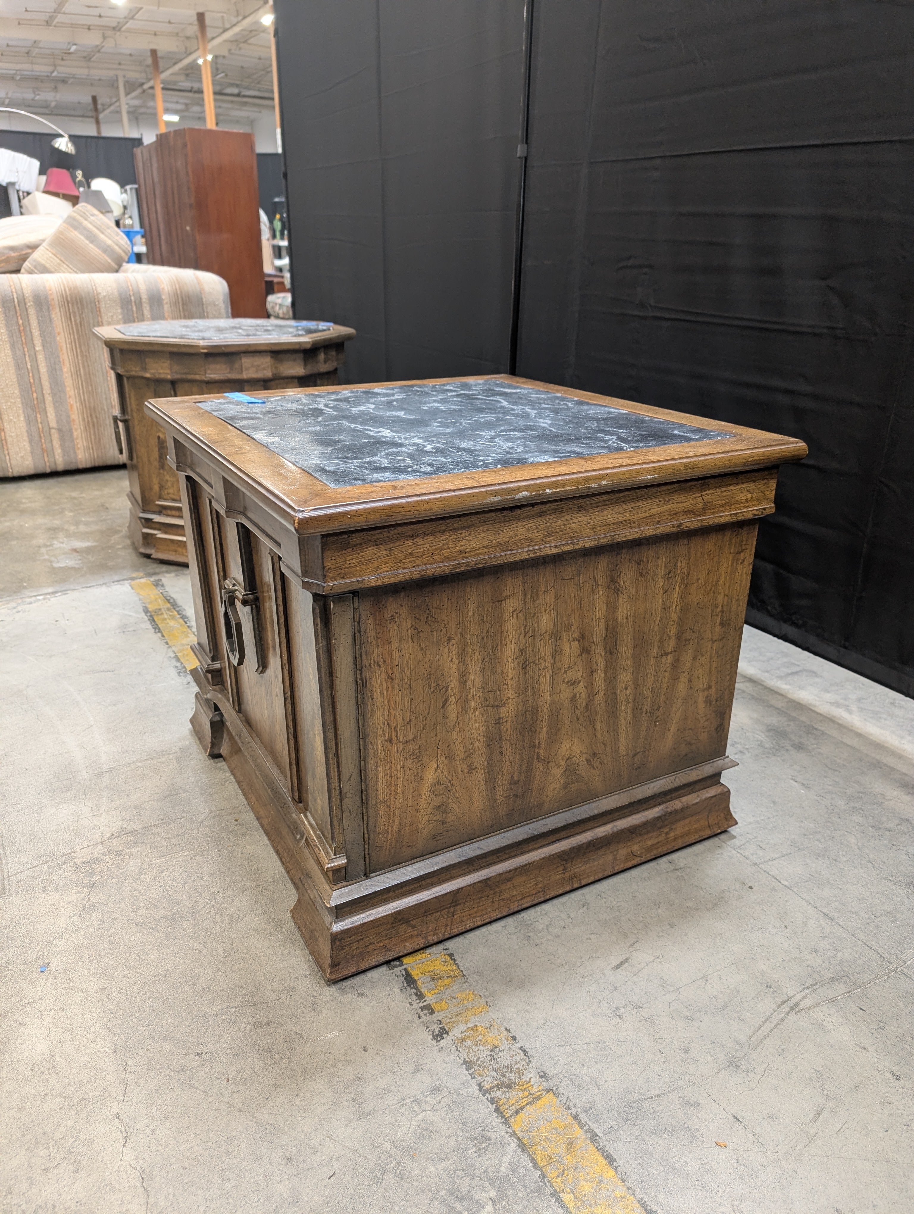 Dark Wood Cabinet End Table with Marble Top