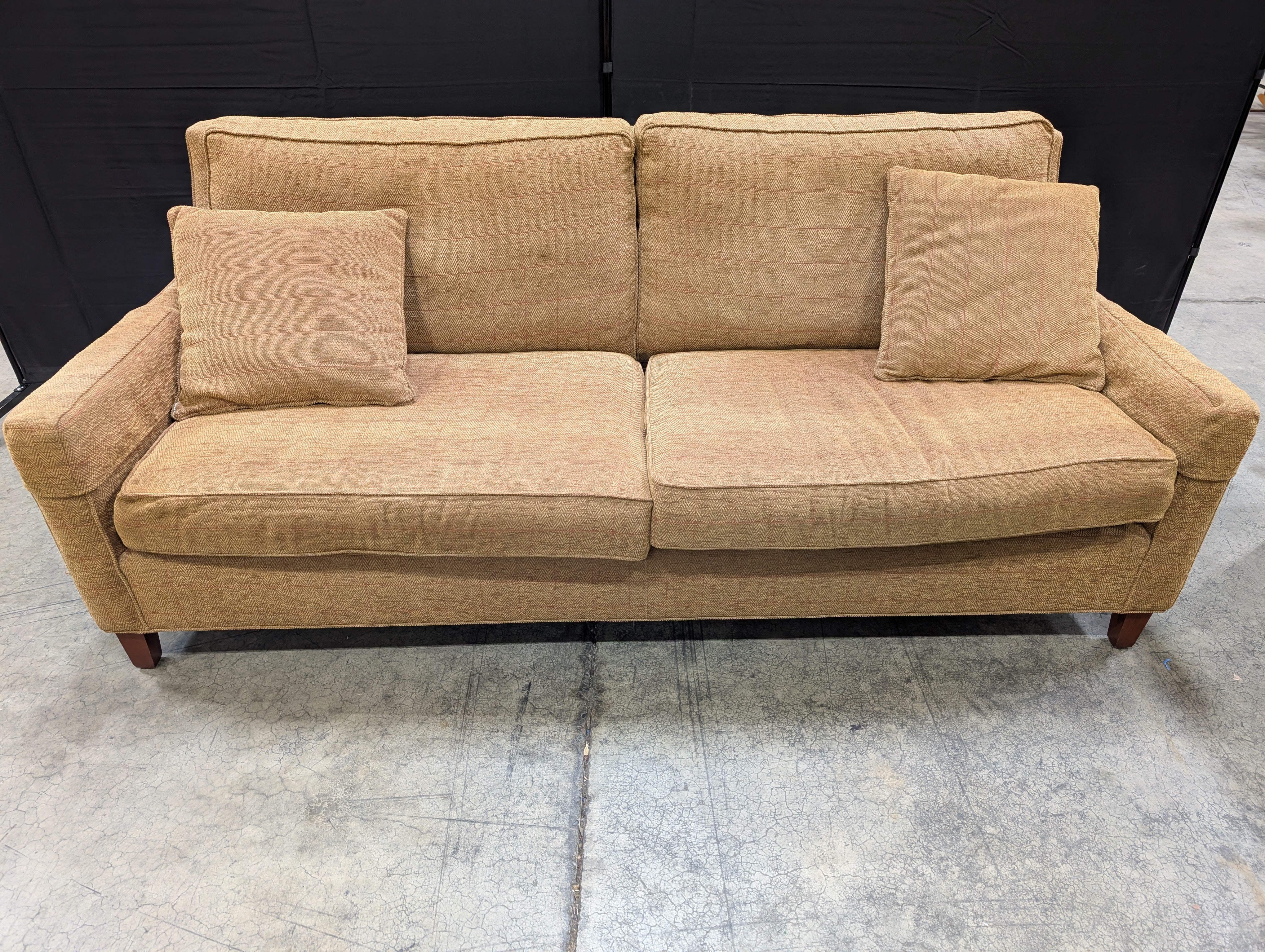 Neutral Tan Herringbone Fabric Two-Seater Sofa with Accent Pillows