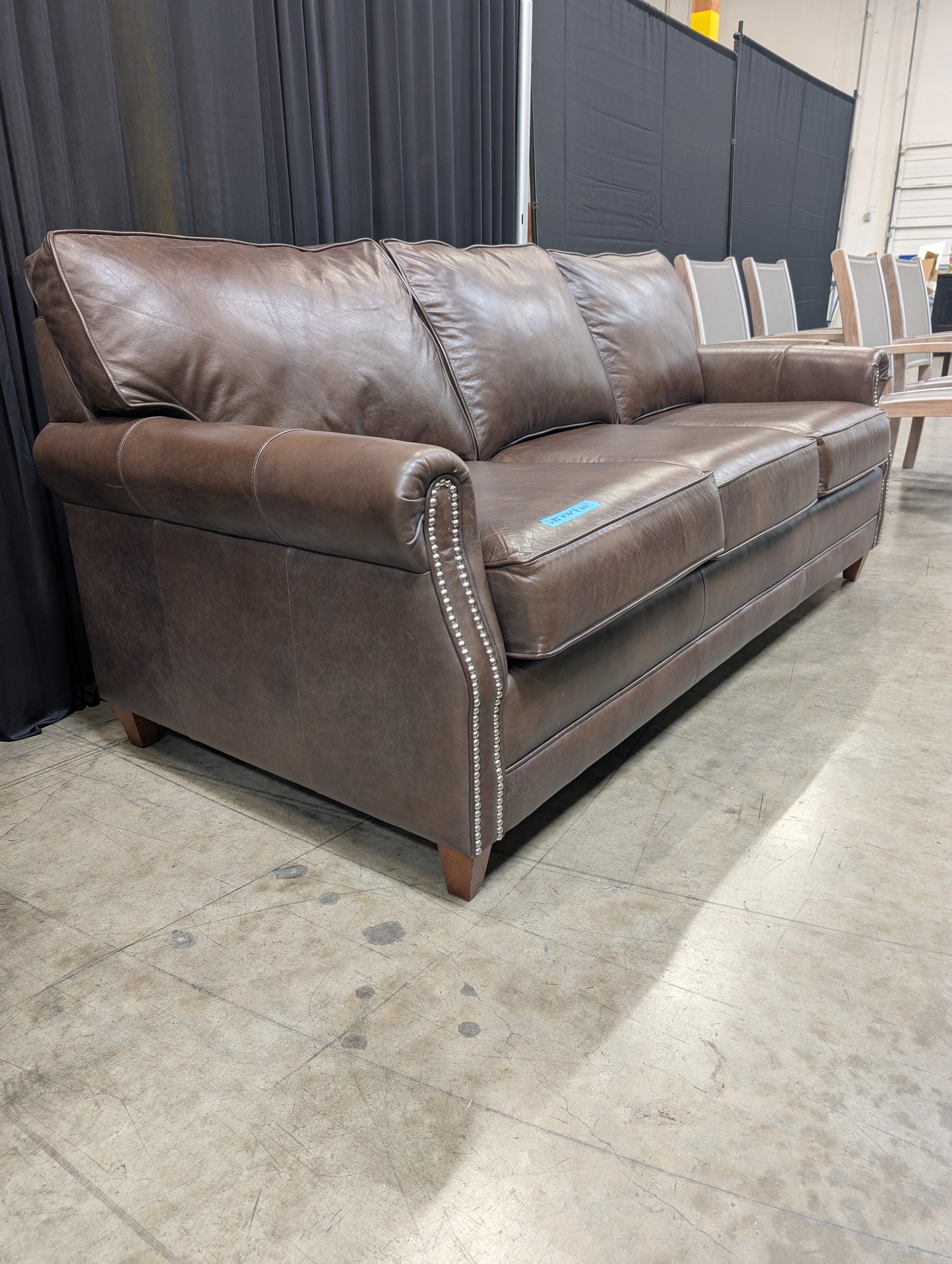 Brown Leather Three-Seat Couch with Nailhead Trim