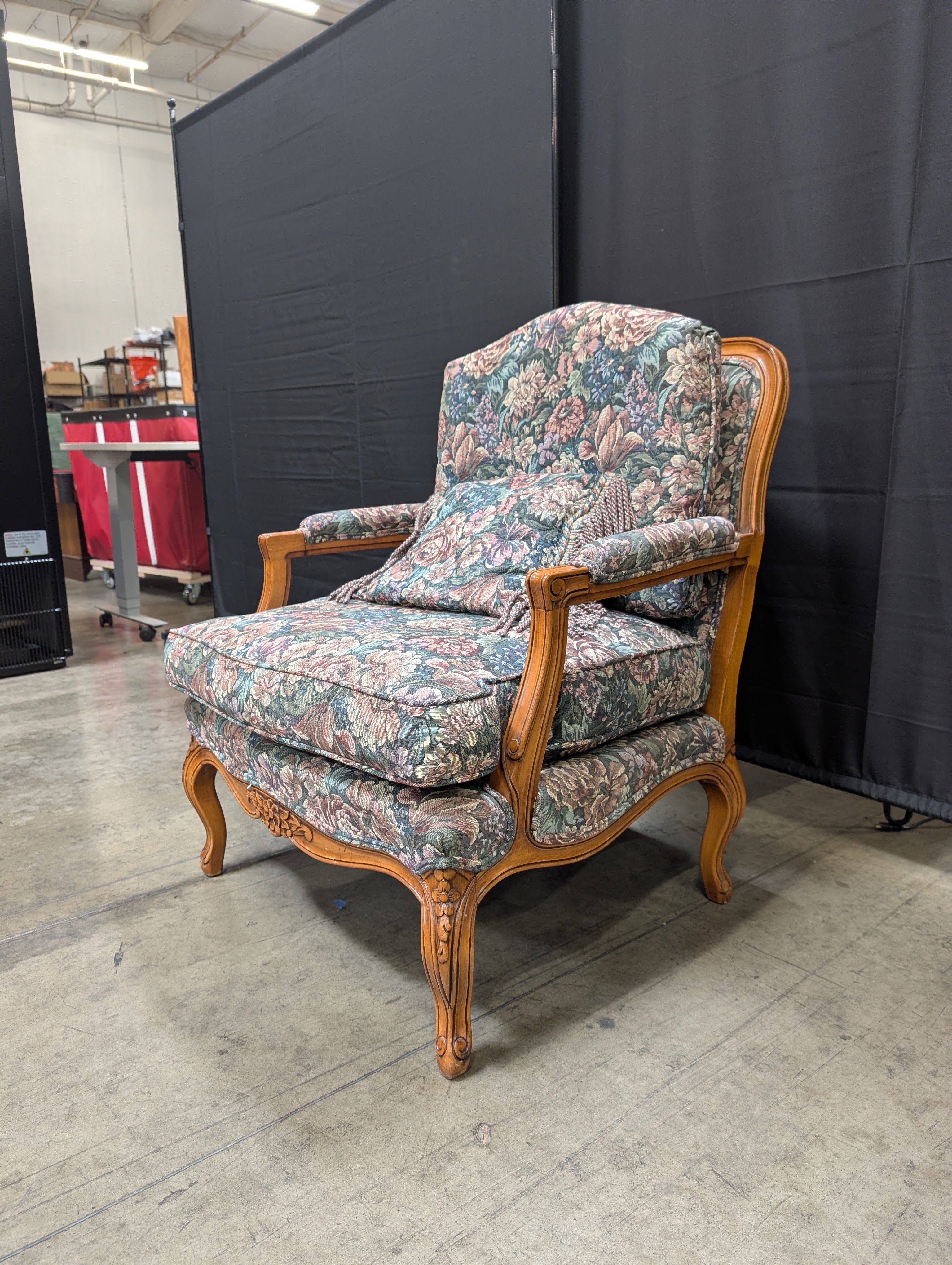 Vintage Floral Upholstered Carved Wood Armchair