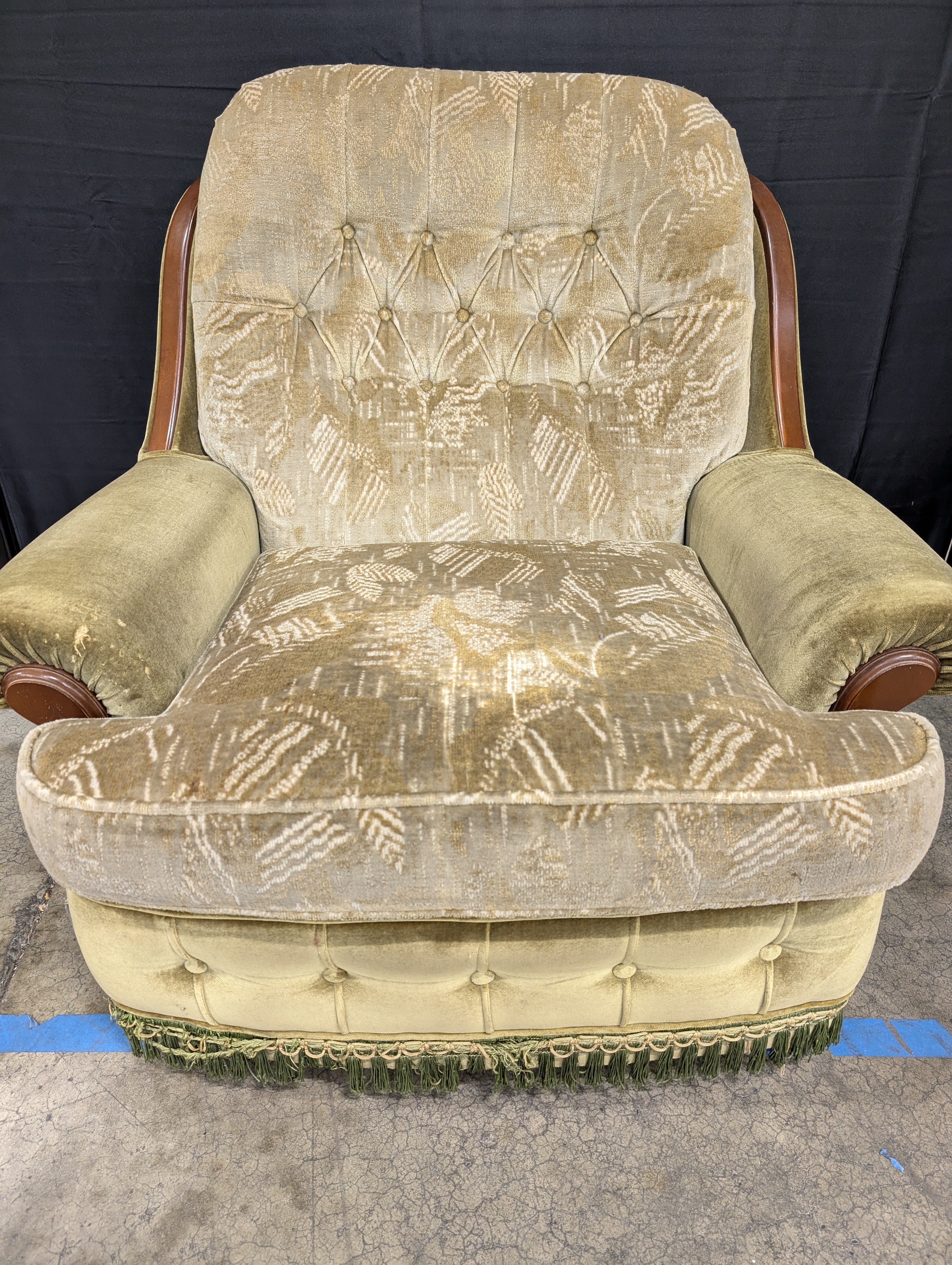 Vintage Tufted Velour Armchair with Wood Accents