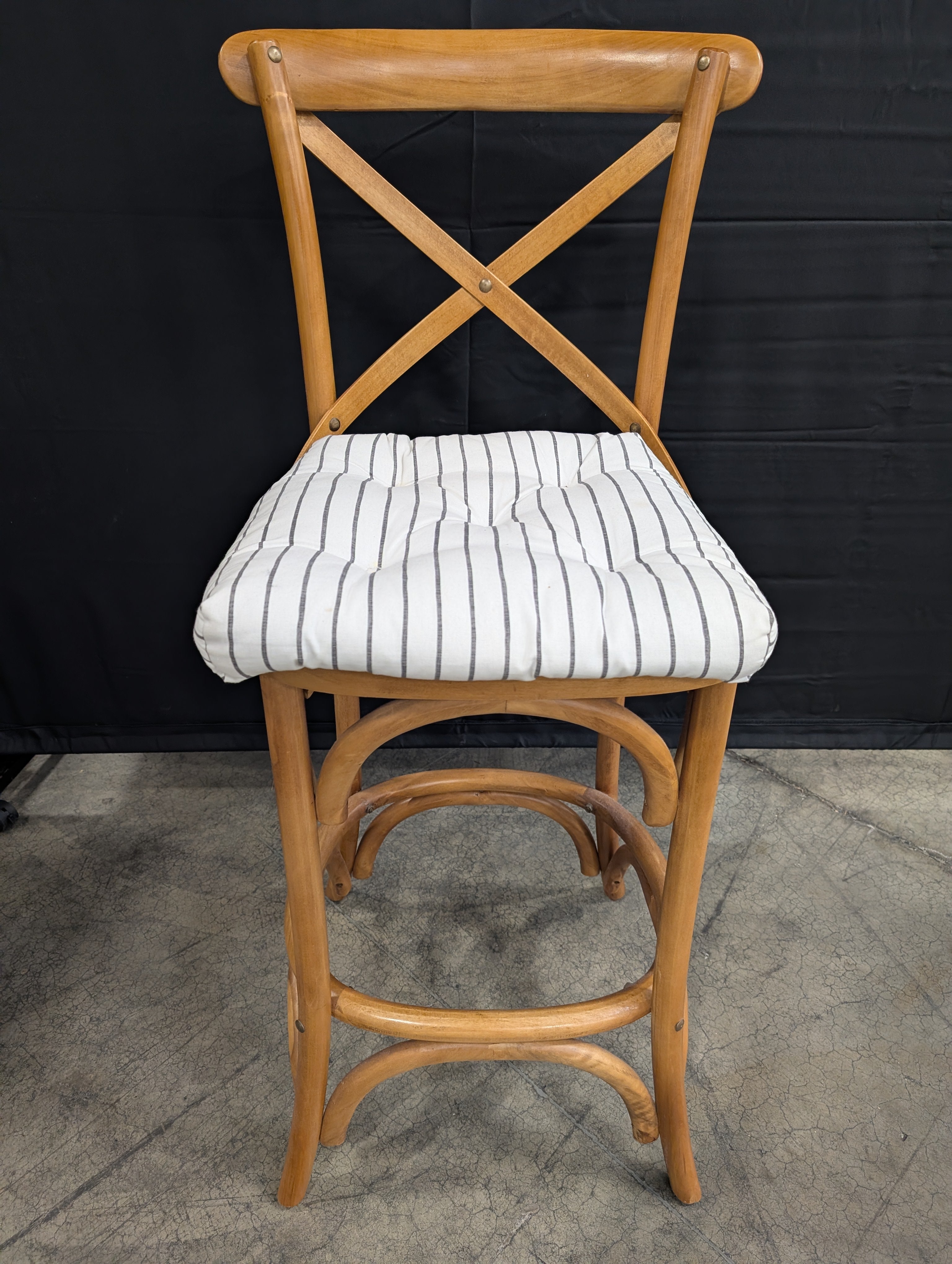 French Bistro Style Cross Back Wooden Counter Stool with Striped Cushion