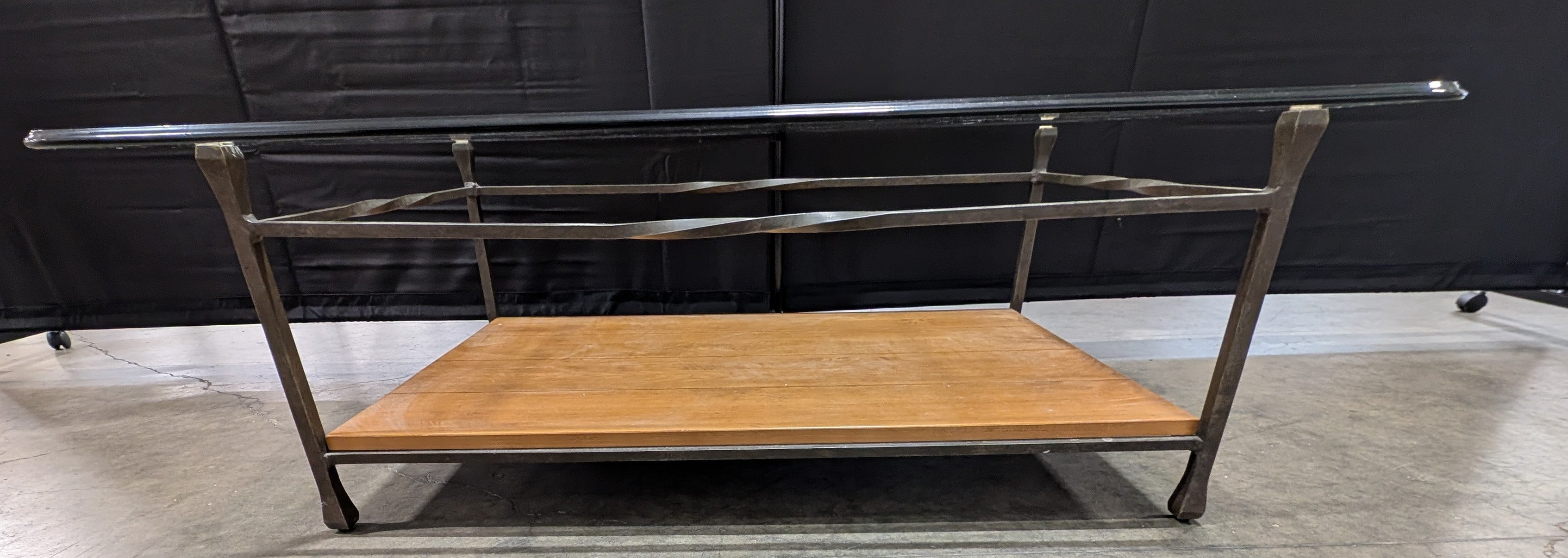 Two-Tier Glass Top Coffee Table with Wood Shelf and Metal Frame
