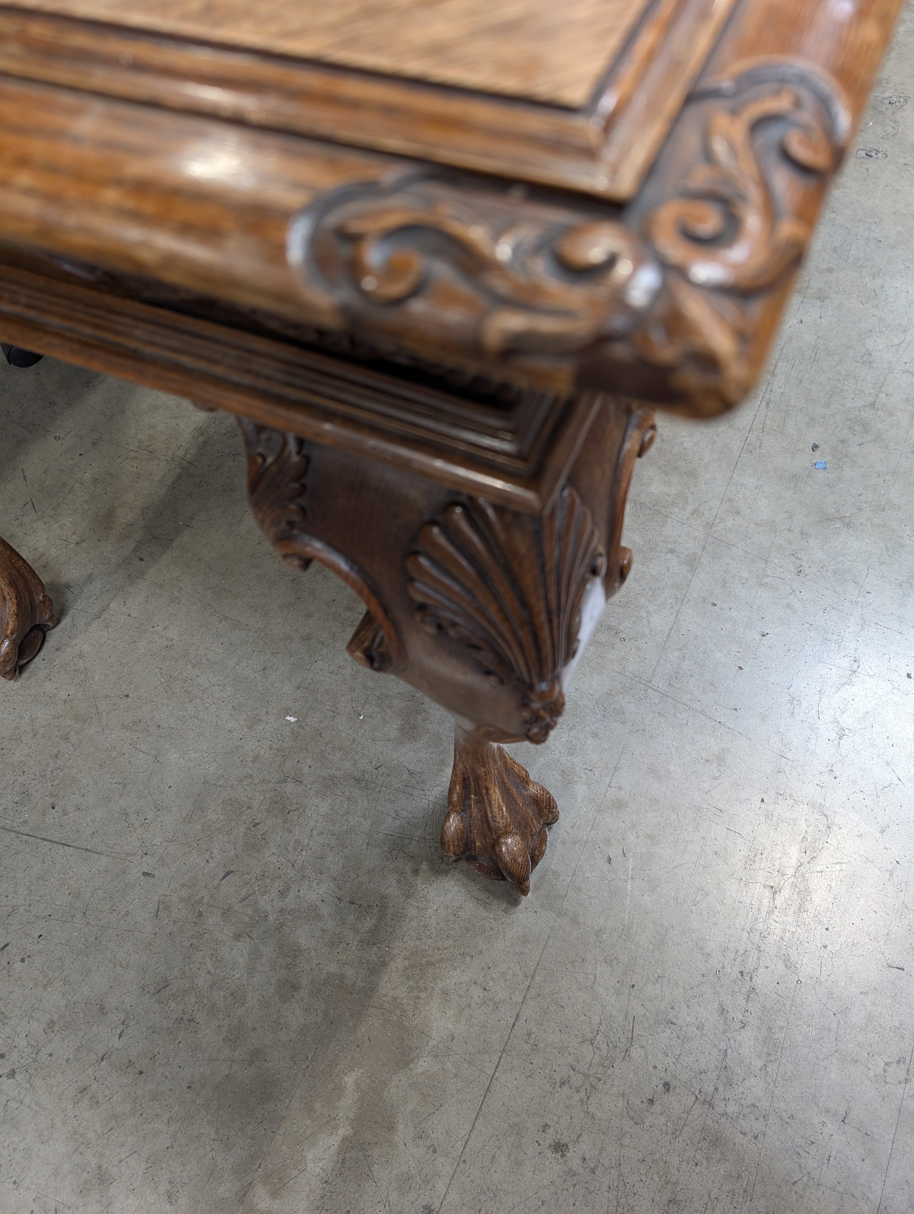 Ornate Carved Wood Desk with Reddish-Brown Top