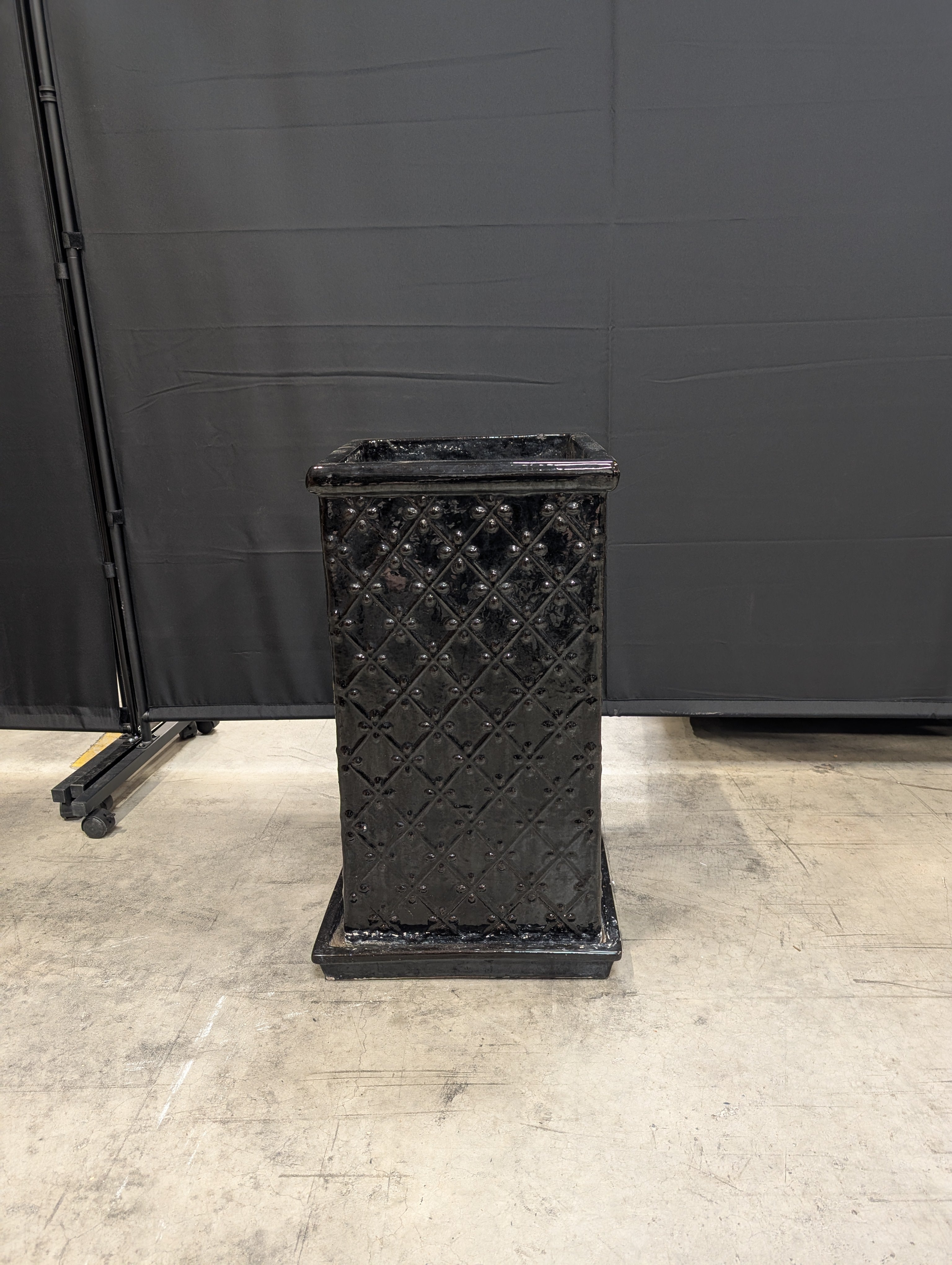 Tall Black Glazed Ceramic Planter with Diamond Pattern