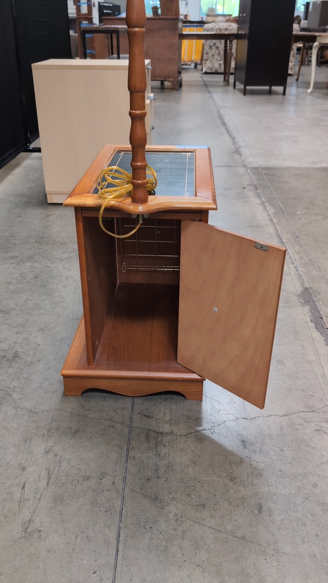 Honey Wood End Table with Integrated Lamp and Storage Cabinet