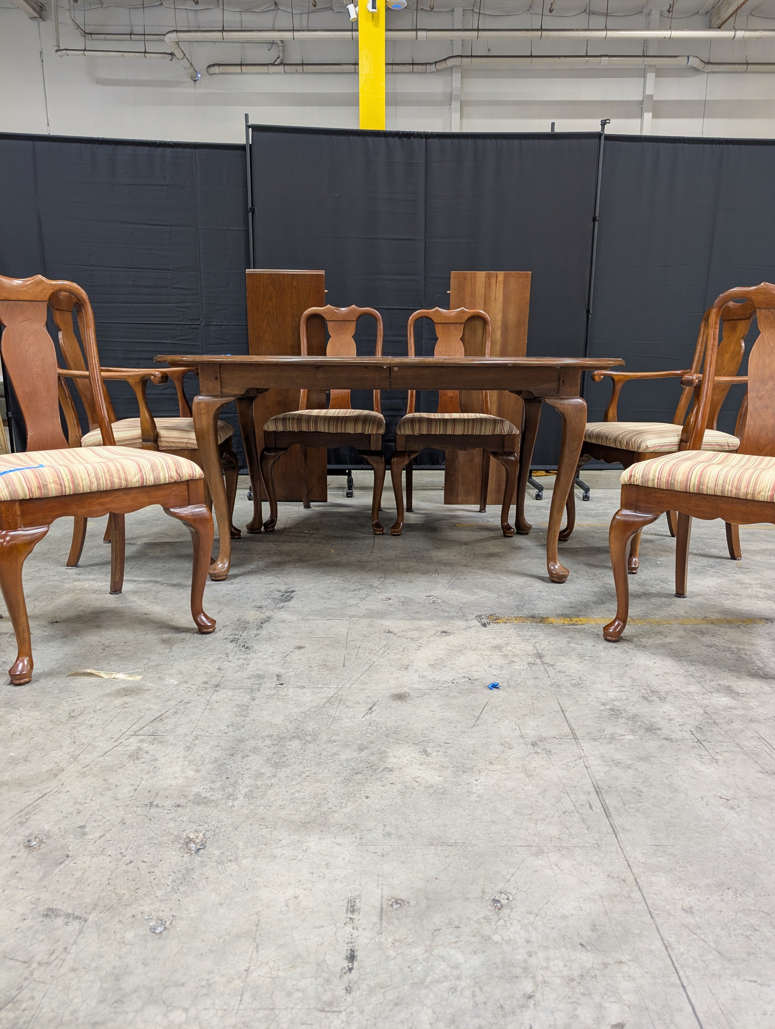 L. & J.G. Stickley Furniture Wood Dining Table with Leafs and Set of Six Carved Back Chairs
