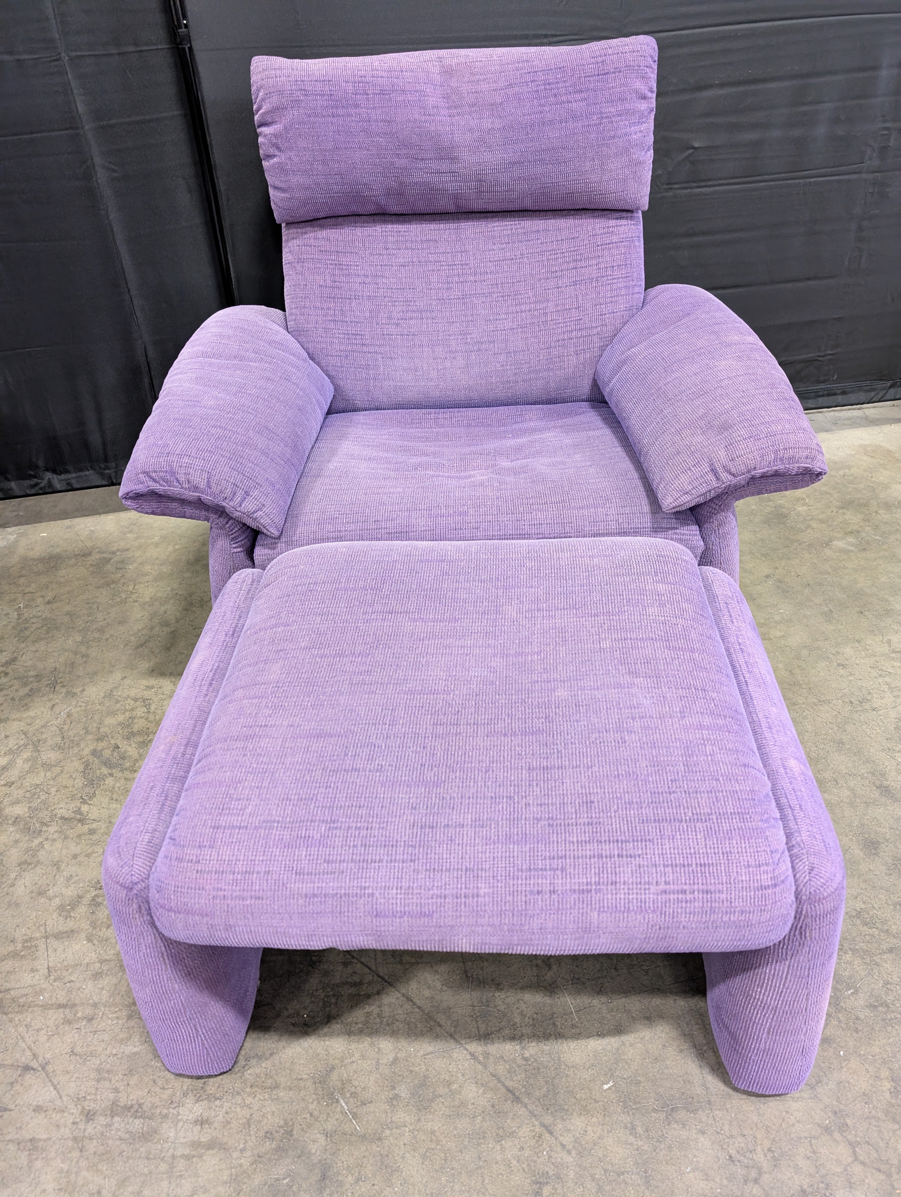 Used Purple Fabric Armchair with Matching Ottomans