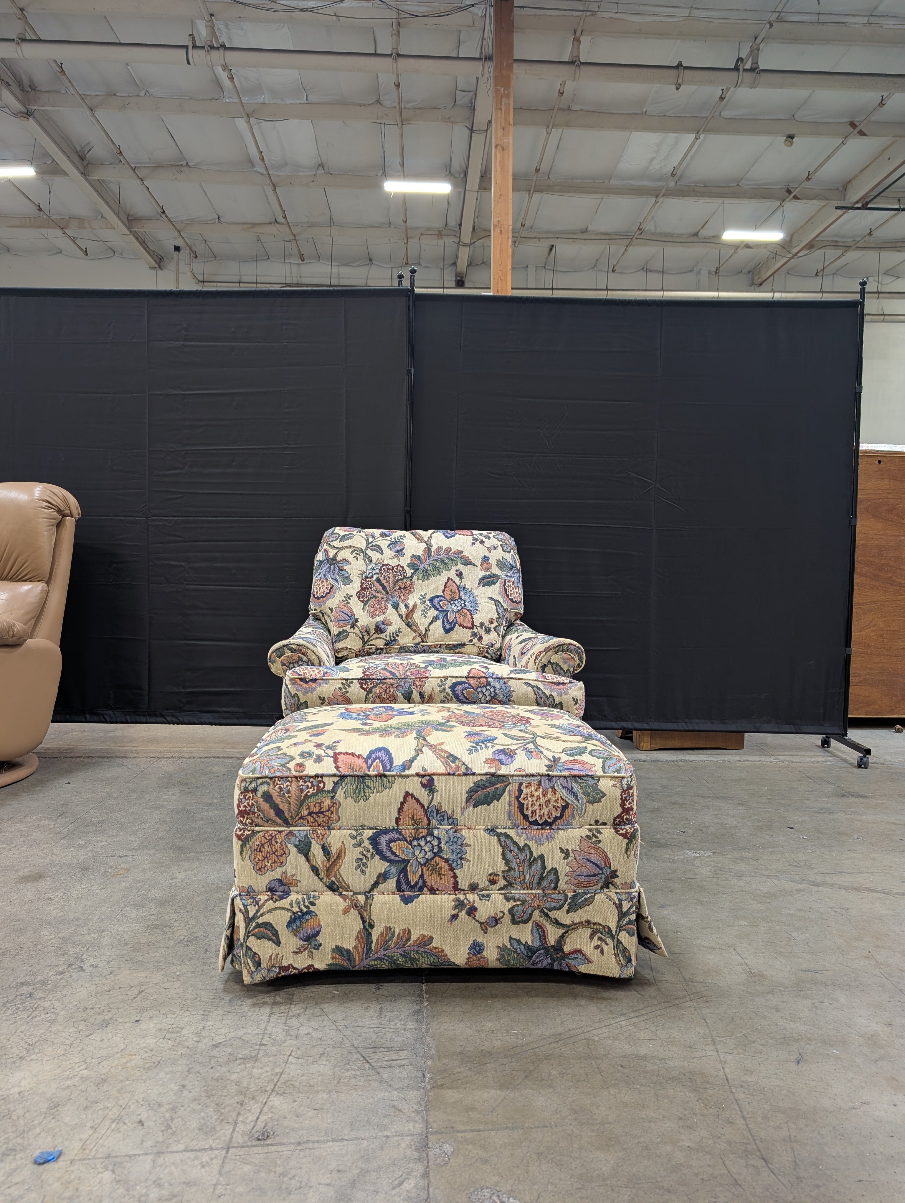 Charming Floral Upholstered Armchair and Ottoman Set