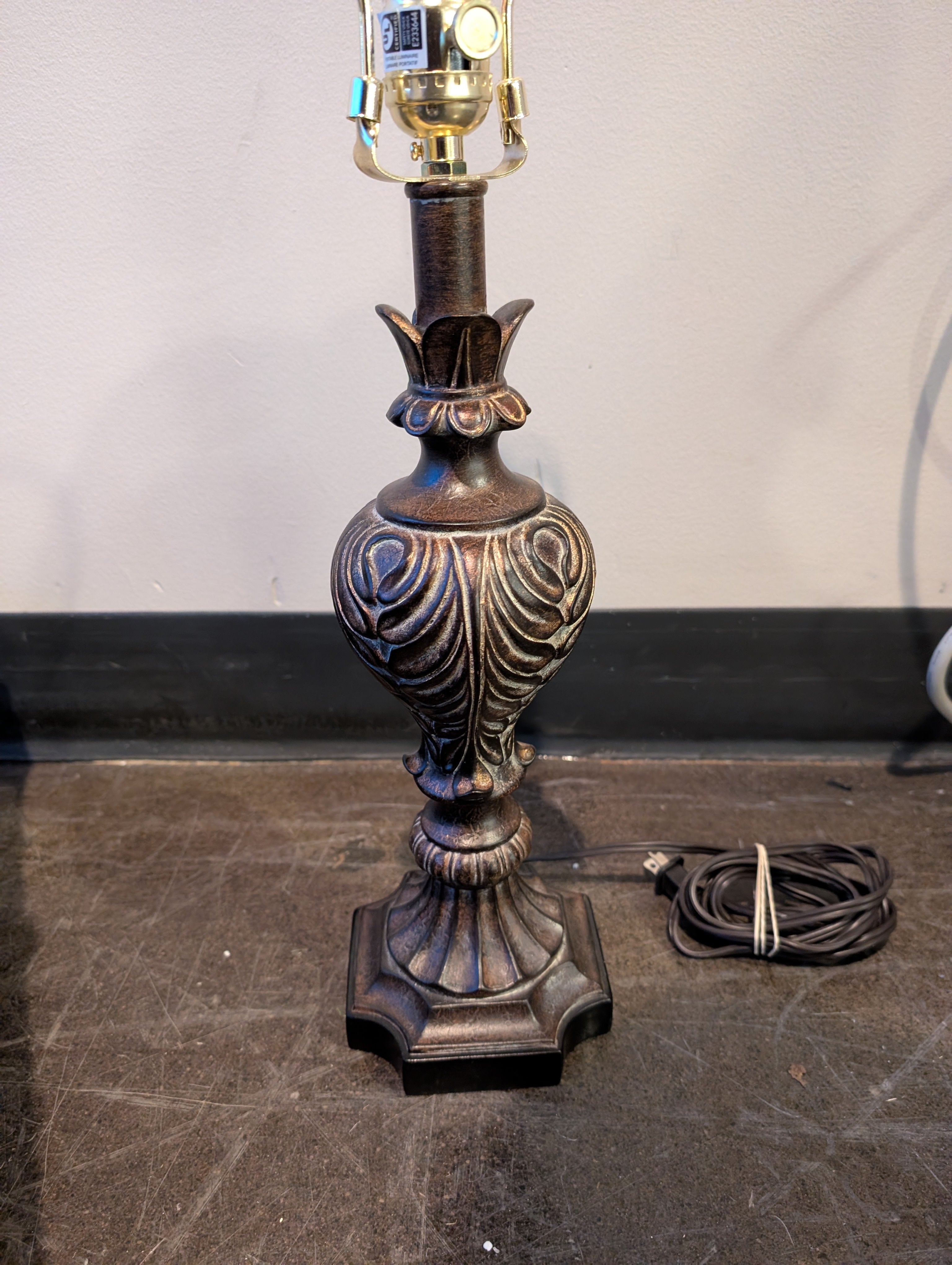 Ornate Bronze Finish Table Lamp with Tapered Fabric Shade