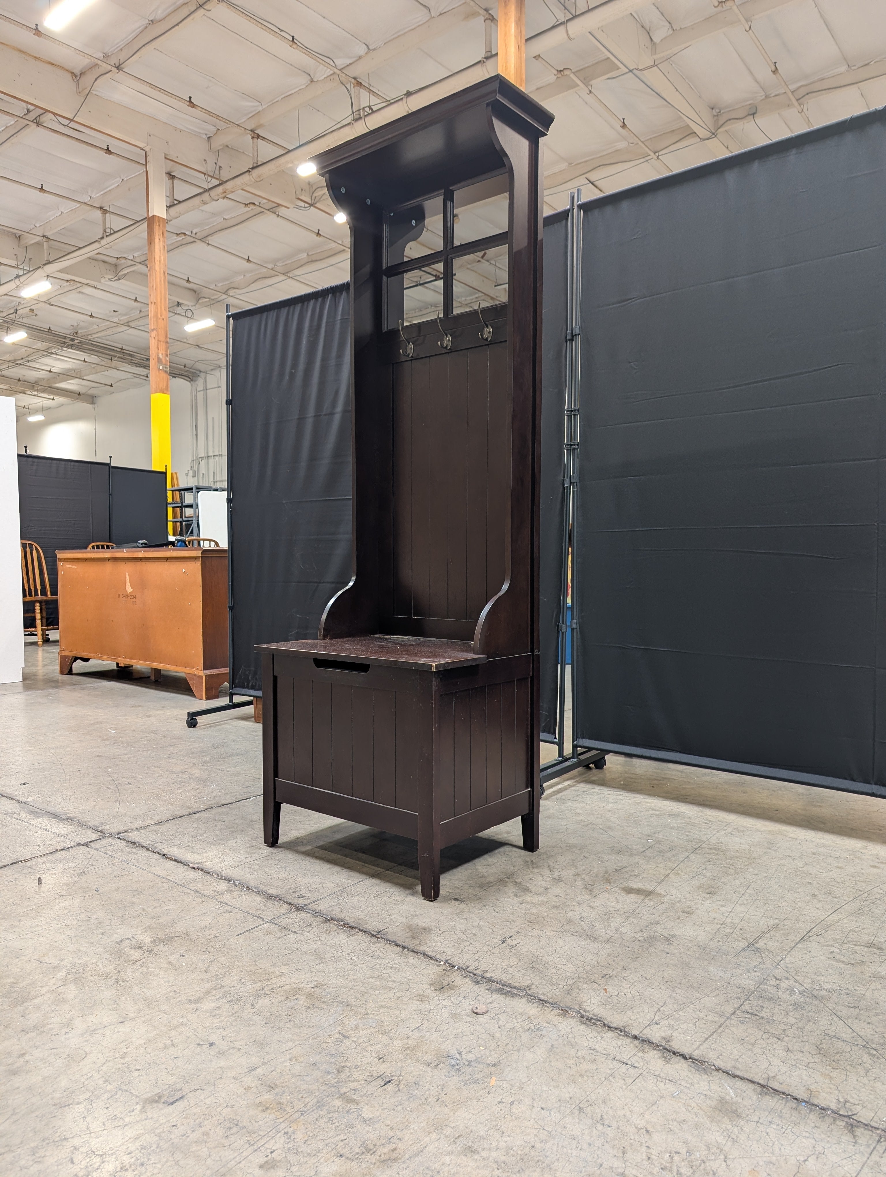 Dark Wood Hall Tree with Mirror and Storage Bench