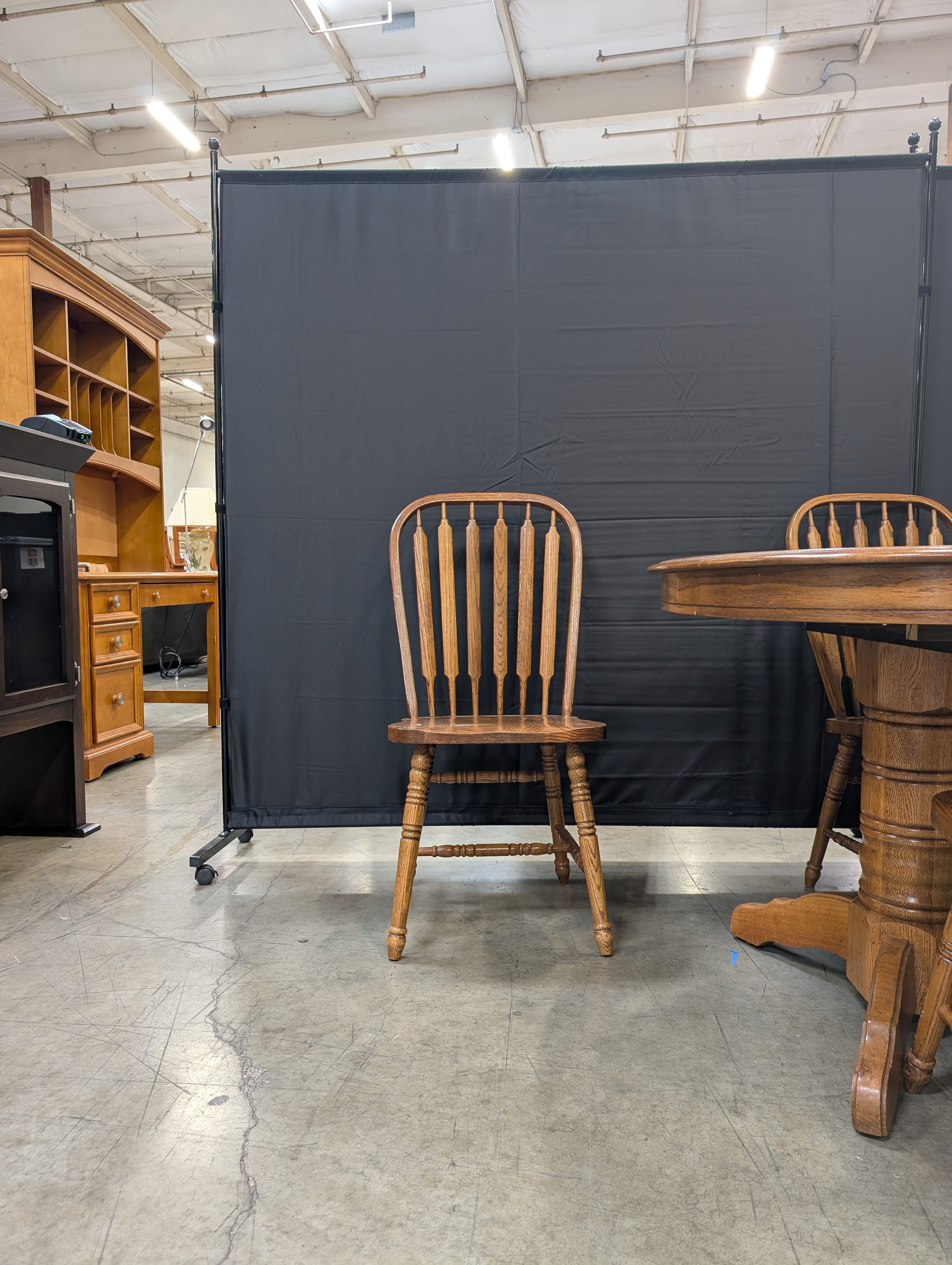 Oak Finish Dining Table with Six  Spindle Back Chairs