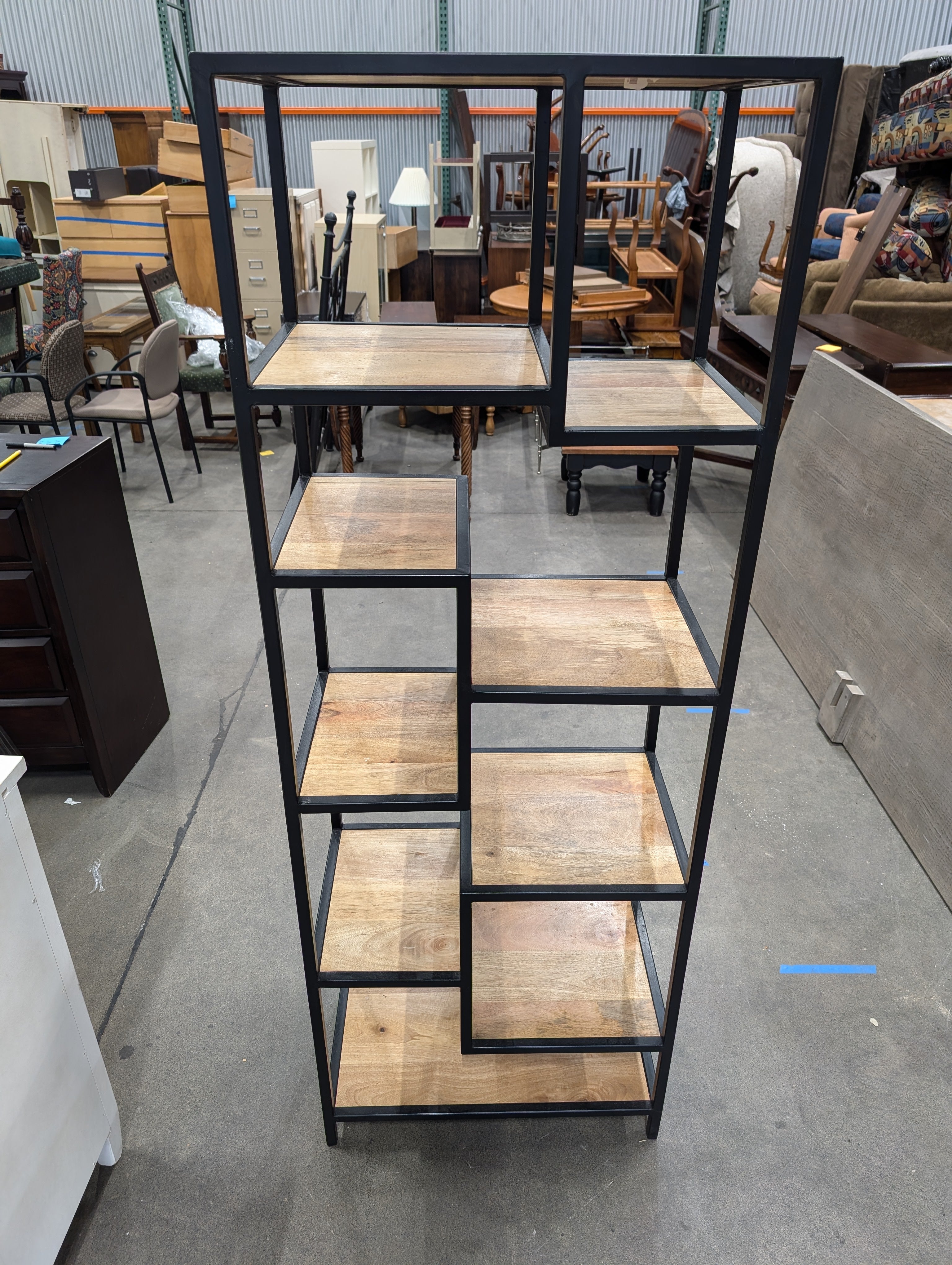 Industrial Style Black Metal and Wood Multi-Tiered Shelf
