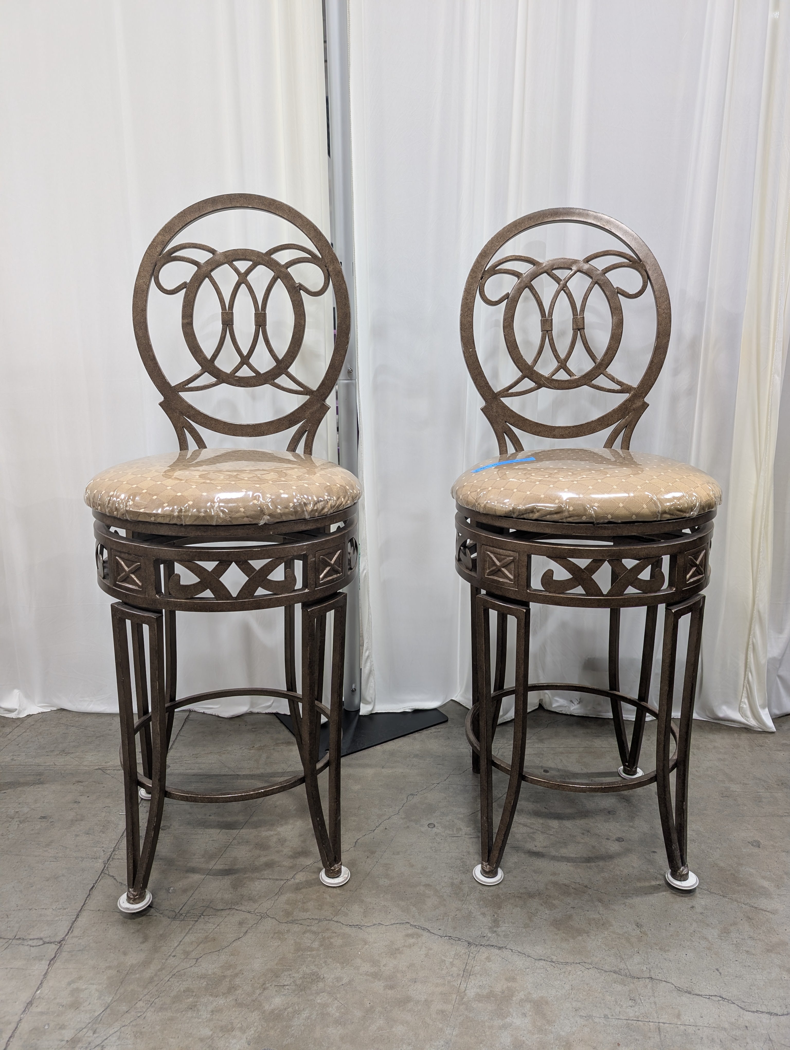 Pair of Ornate Dark Bronze Metal Bar Stools with Upholstered Seats