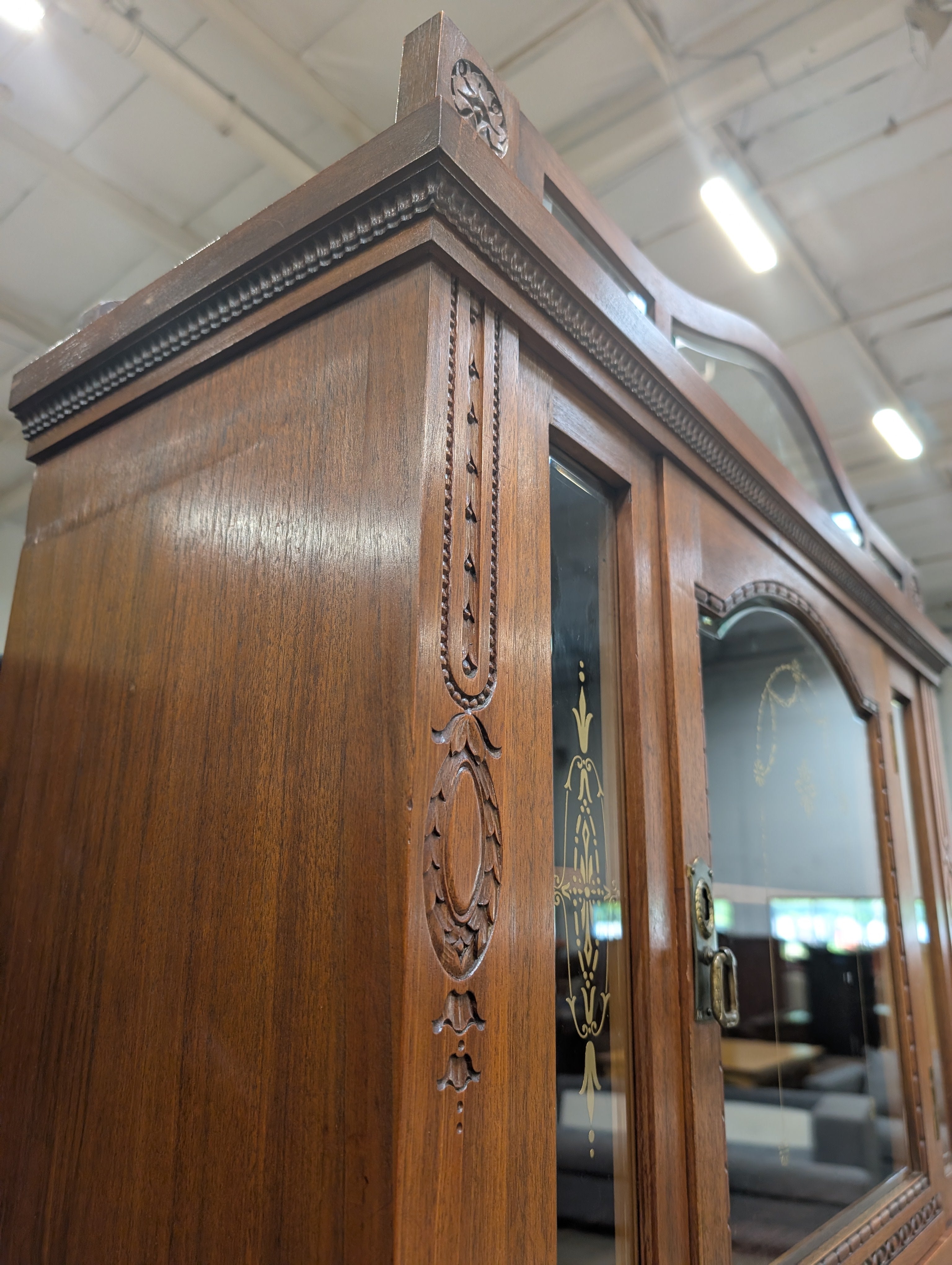 Vintage Carved Hardwood Display Cabinet with Marble Top