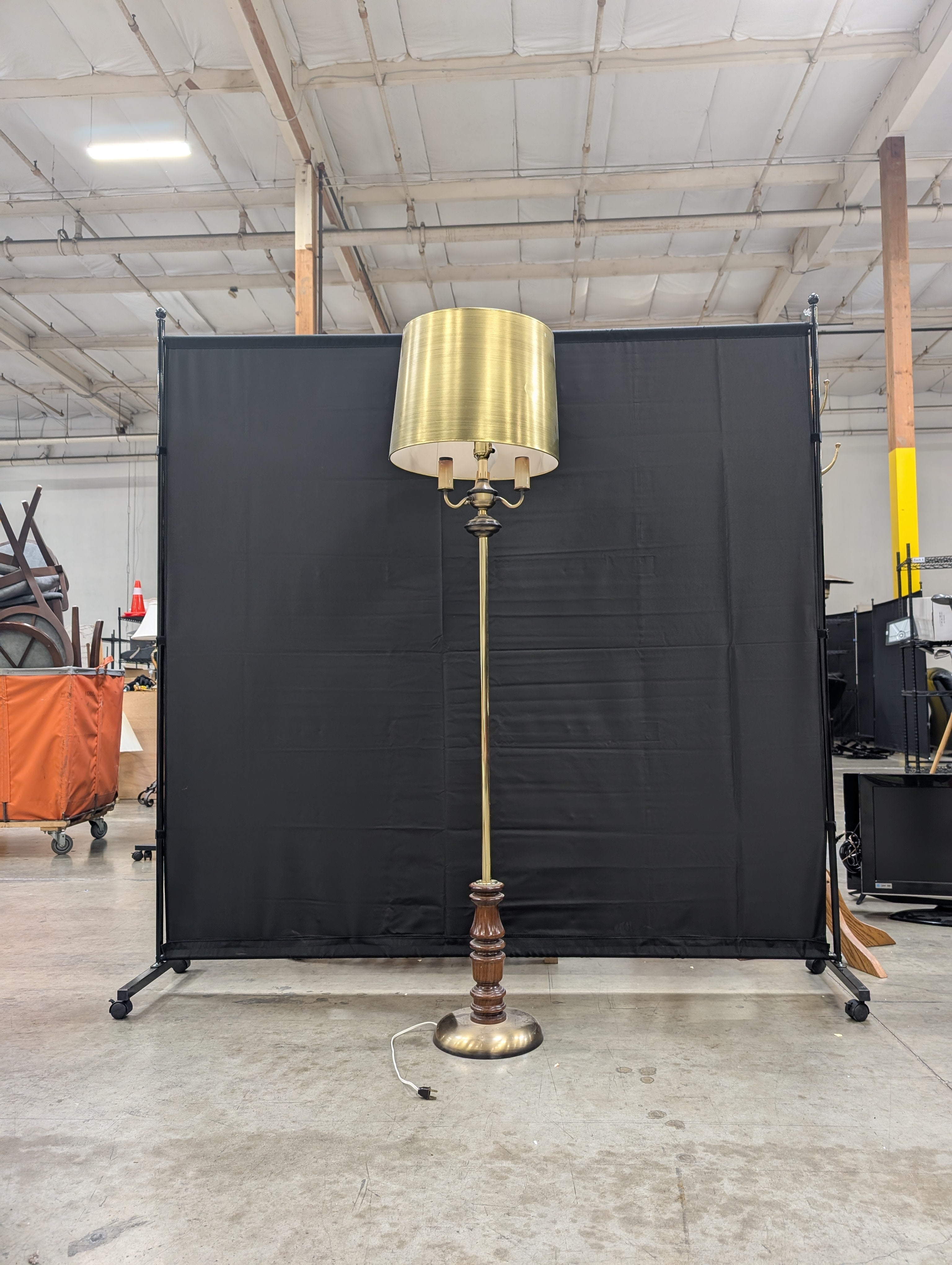 Vintage Style Brass Tone Floor Lamp with Turned Wood Accent
