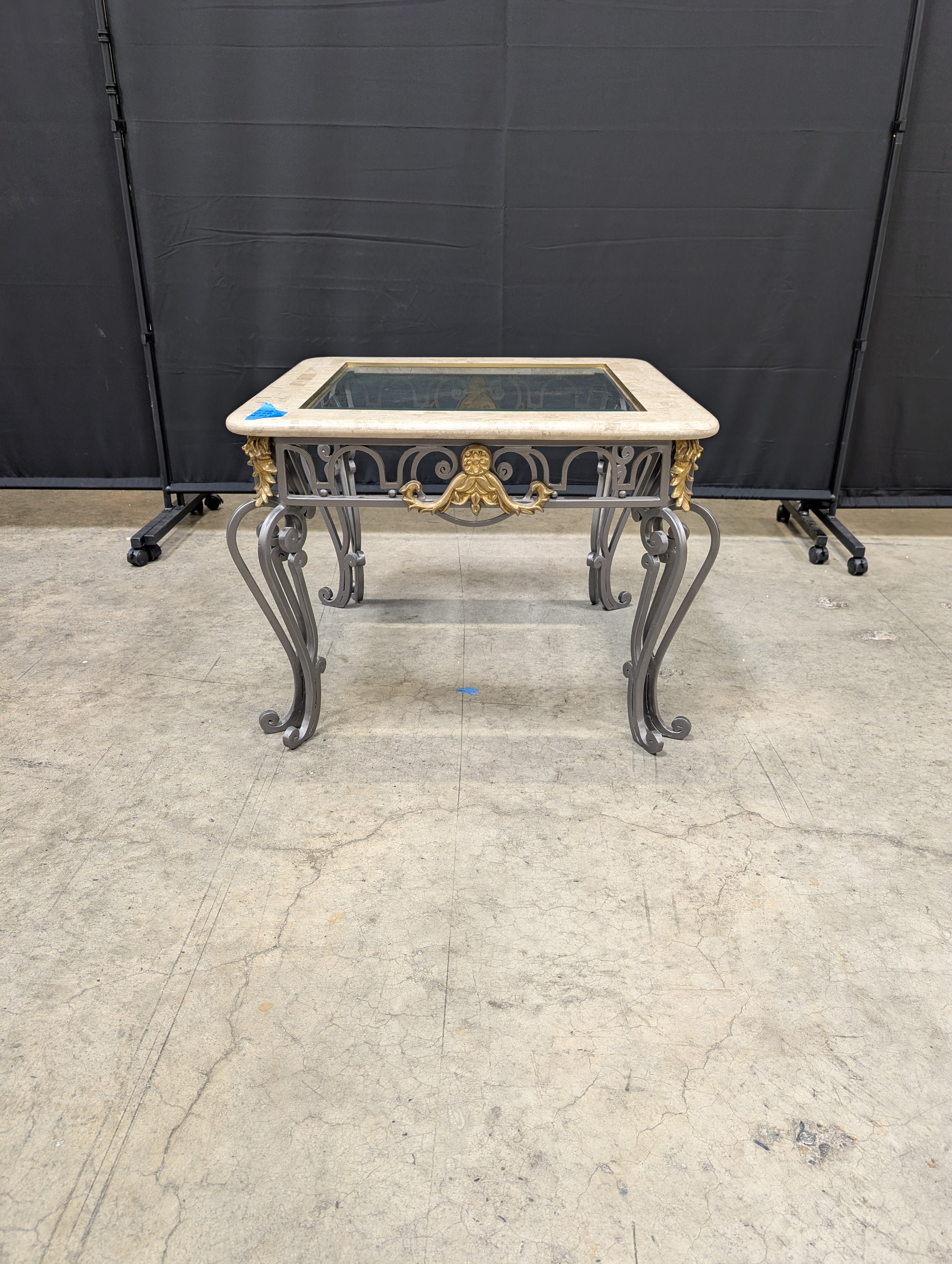 Stone Top Glass Insert Side Table with Scrollwork Metal Base