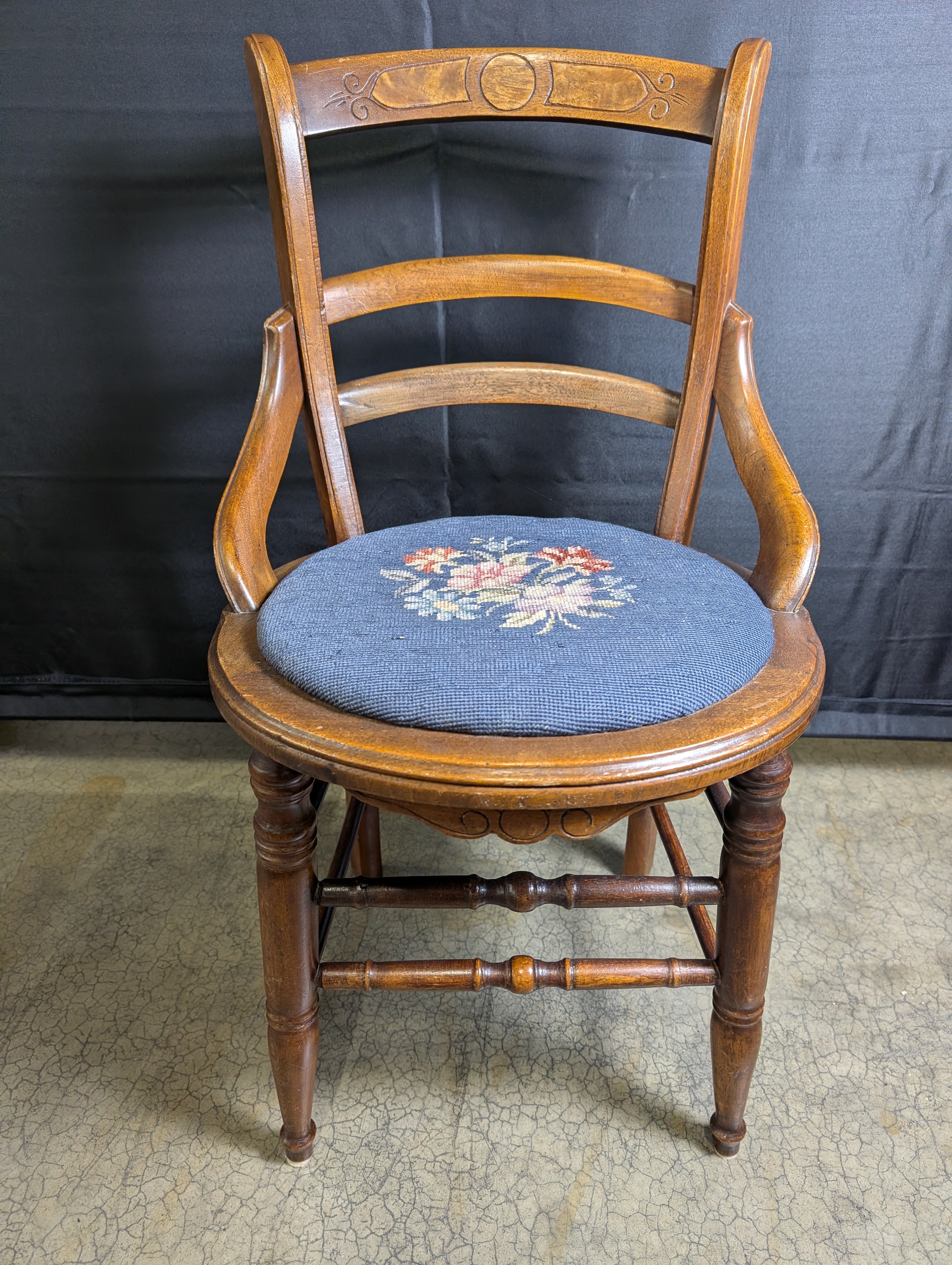 Vintage Carved Wood Accent Chair with Floral Needlepoint Seat