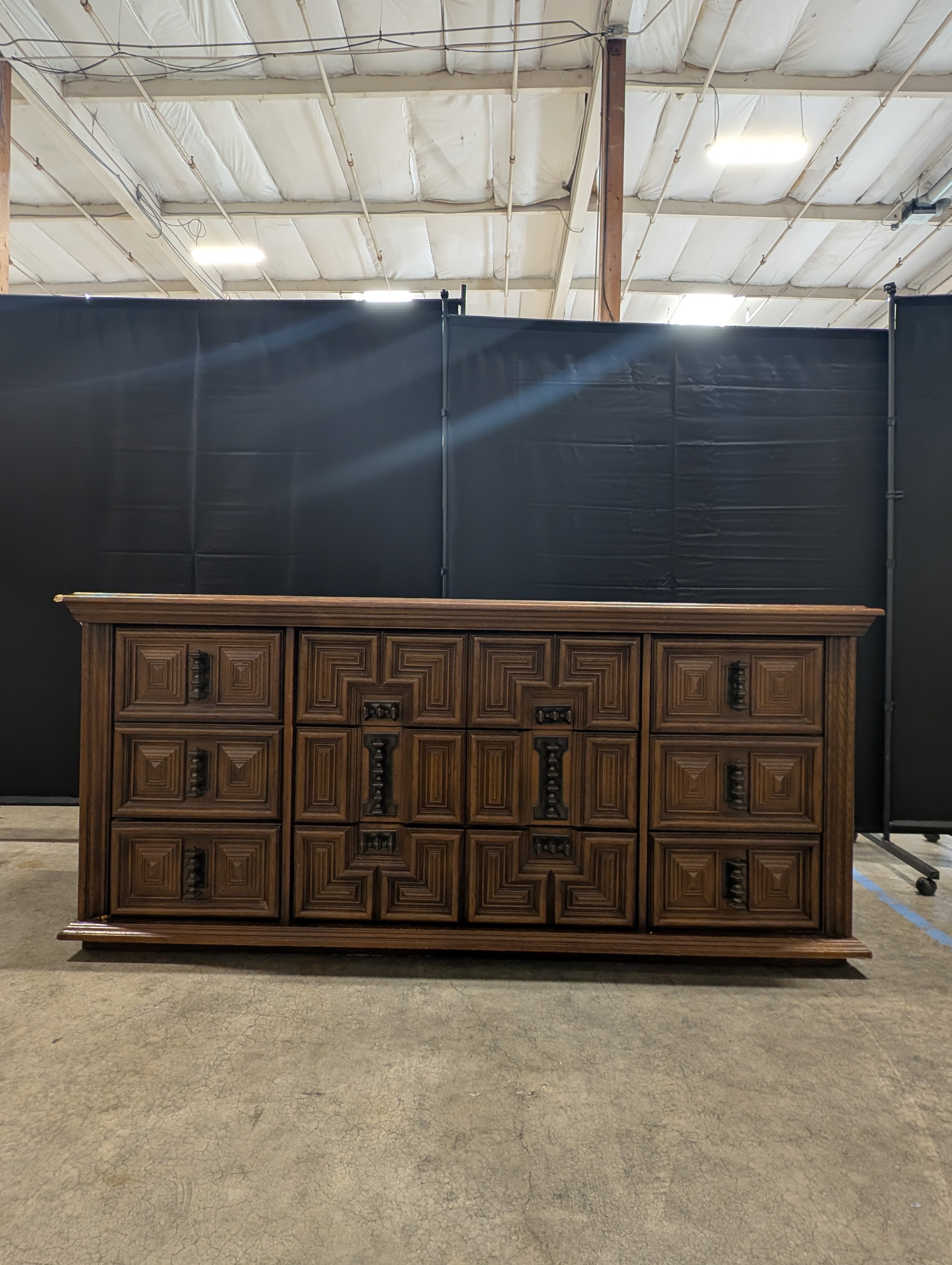 Vintage Carved Wood Long Dresser with Geometric Design