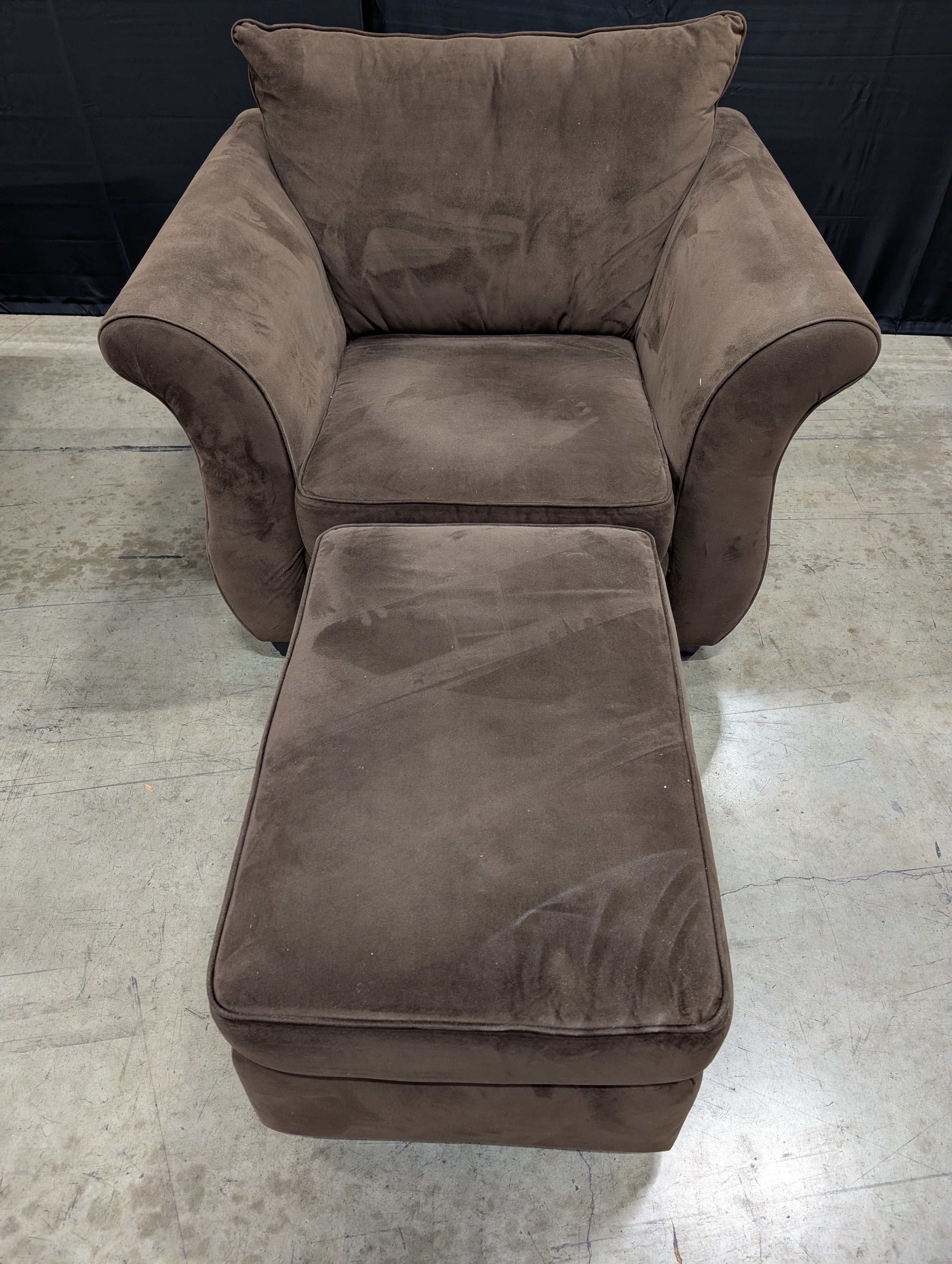 Dark Brown Fabric Rolled Armchair with ottoman