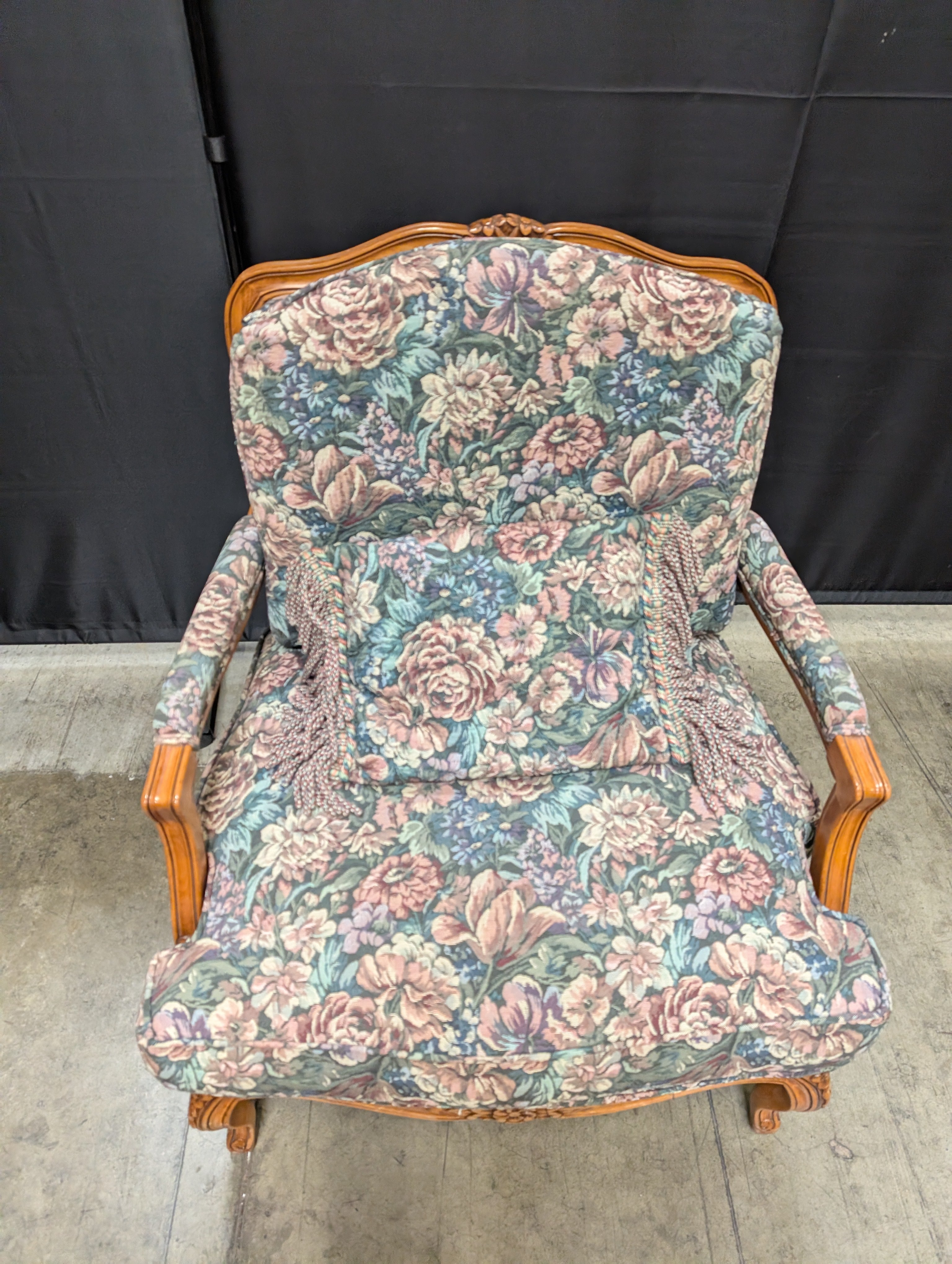 Vintage Floral Upholstered Carved Wood Armchair