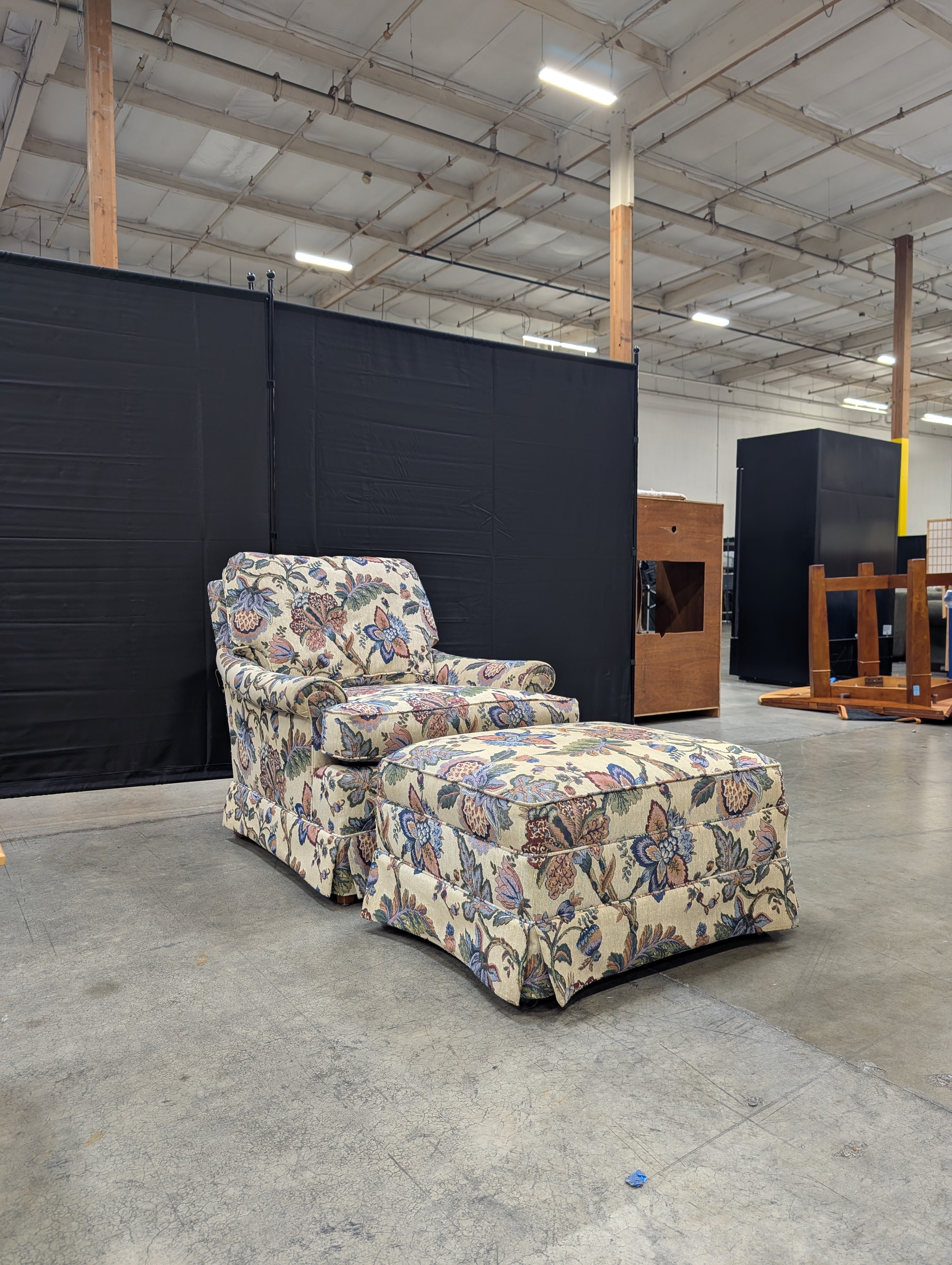 Charming Floral Upholstered Armchair and Ottoman Set
